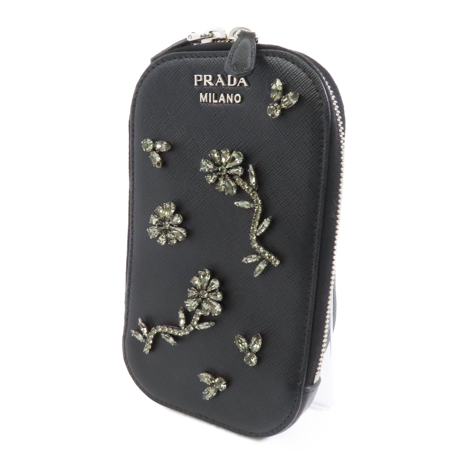 PRADA Saffiano皮革/水晶Phone Case銀扣肩背袋黑色
