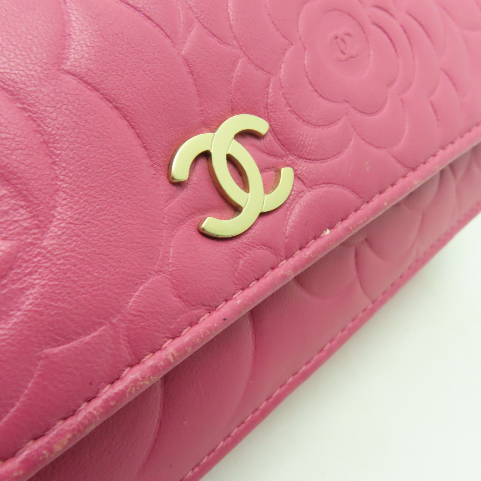 CHANEL 羊皮皮革Camelia WOC金扣鏈帶肩背袋粉紅色