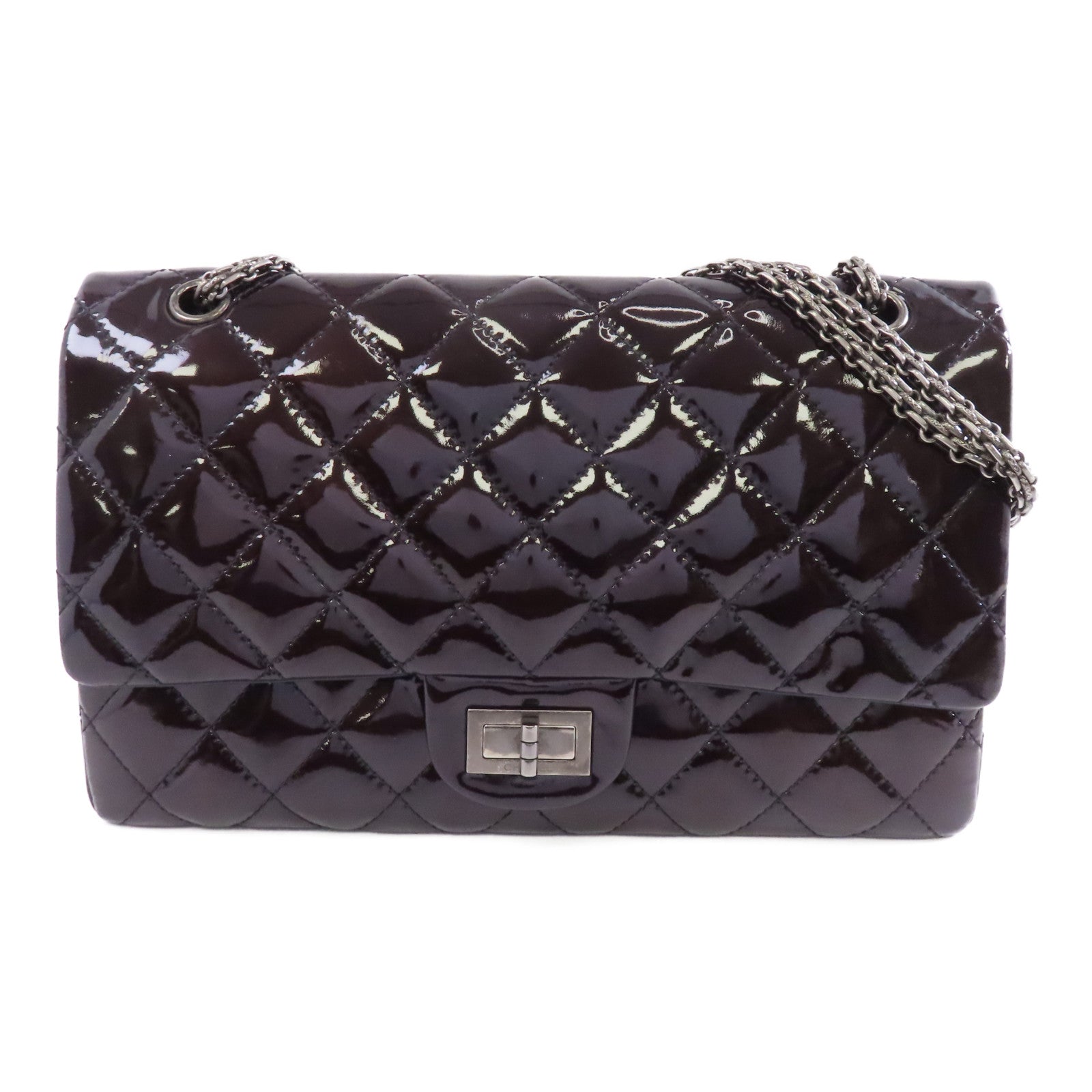 CHANEL 菱格漆皮皮革2.55 Chain Shoulder銀扣鏈帶肩背袋黑色