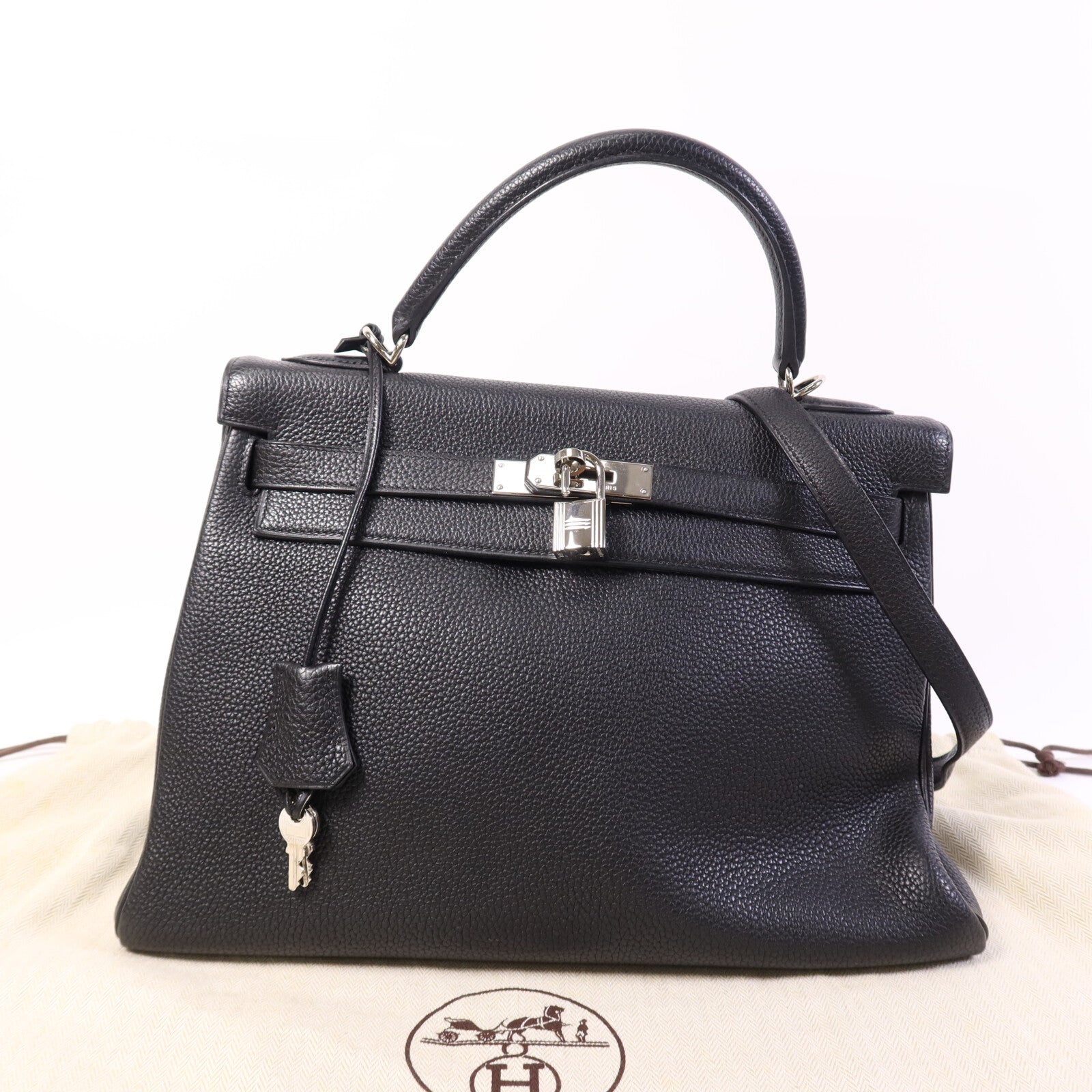 HERMES Clemence皮革Kelly 32銀扣手挽肩背兩用袋Noir