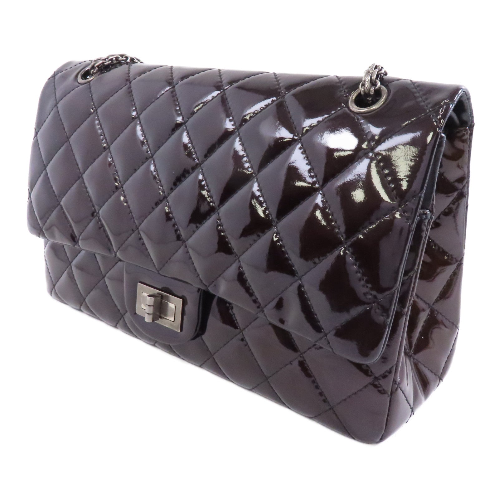 CHANEL 菱格漆皮皮革2.55 Chain Shoulder銀扣鏈帶肩背袋黑色