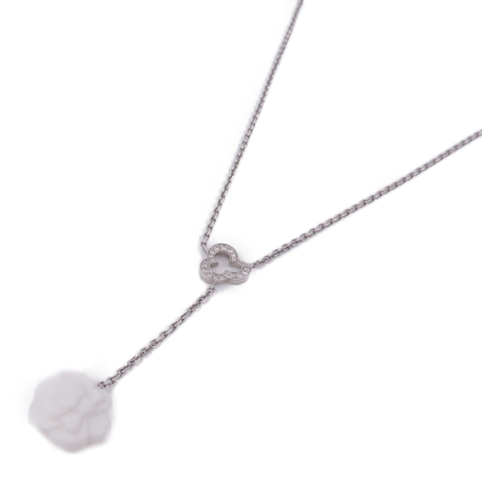 CHANEL 18K白金Camellia White Agate Diamond Necklace鑽石/陶瓷項鍊