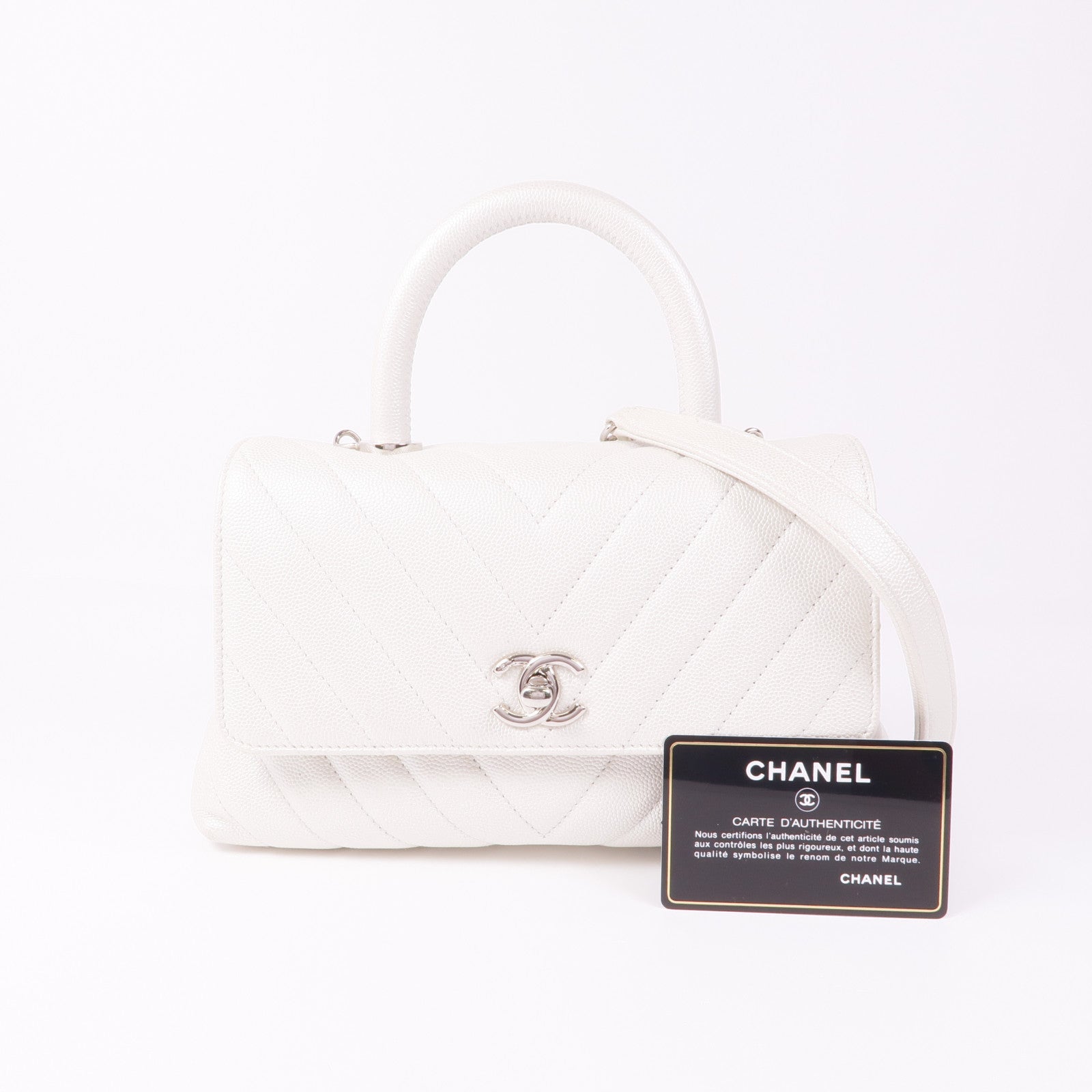 CHANEL 牛皮皮革Coco Handle銀扣鏈帶手挽肩背兩用袋