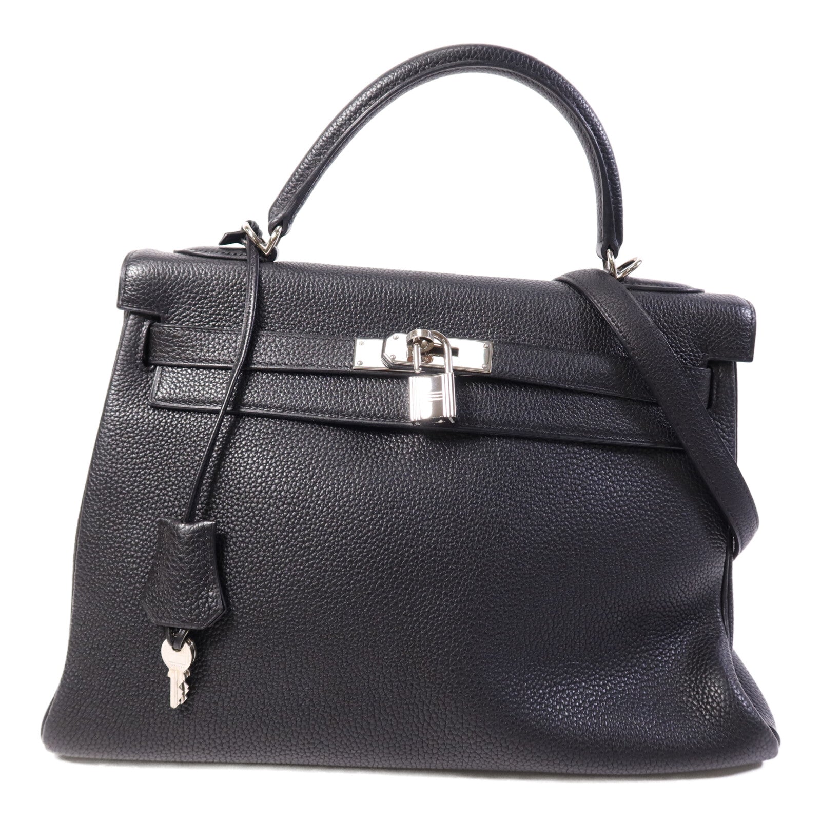 HERMES Clemence皮革Kelly 32銀扣手挽肩背兩用袋Noir