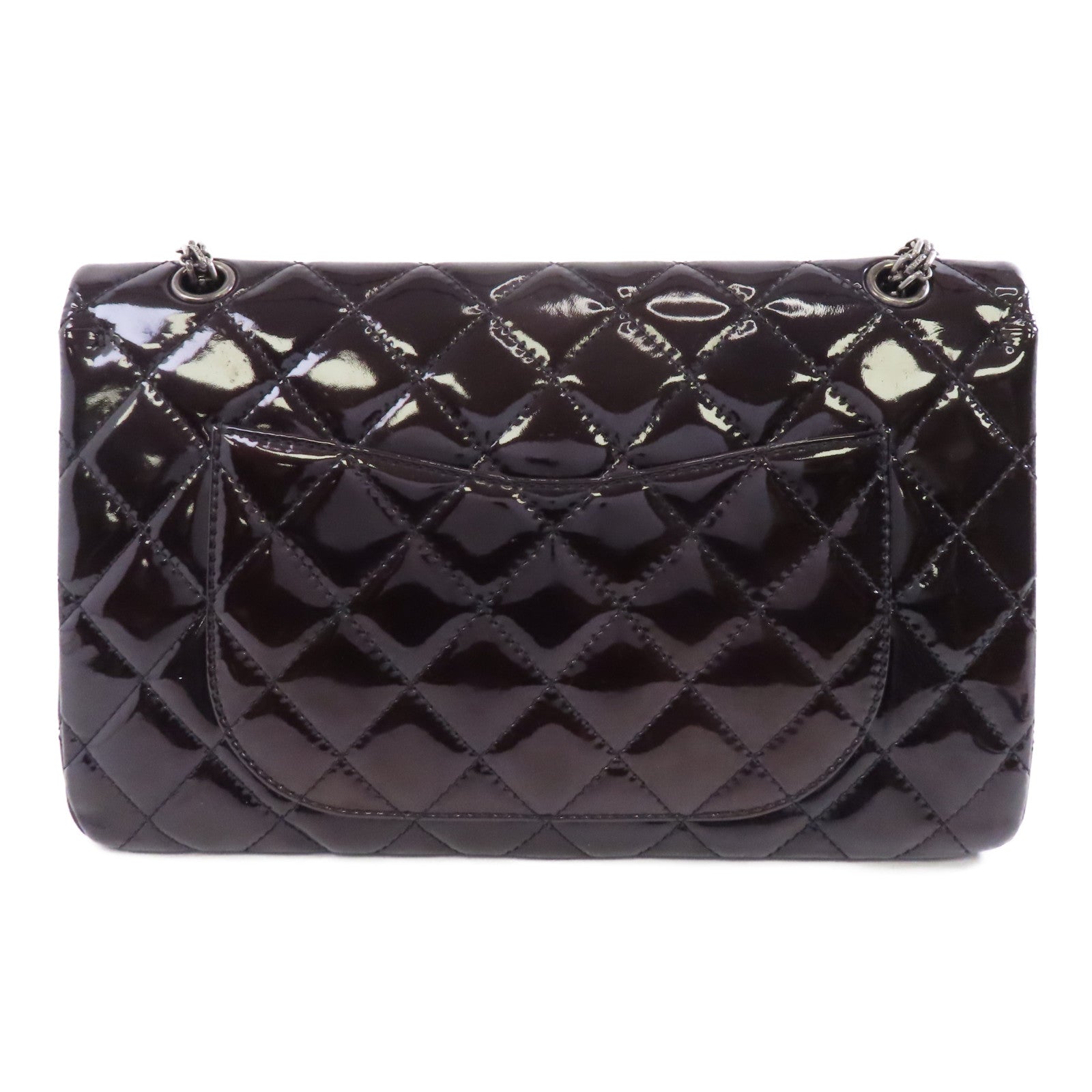 CHANEL 菱格漆皮皮革2.55 Chain Shoulder銀扣鏈帶肩背袋黑色
