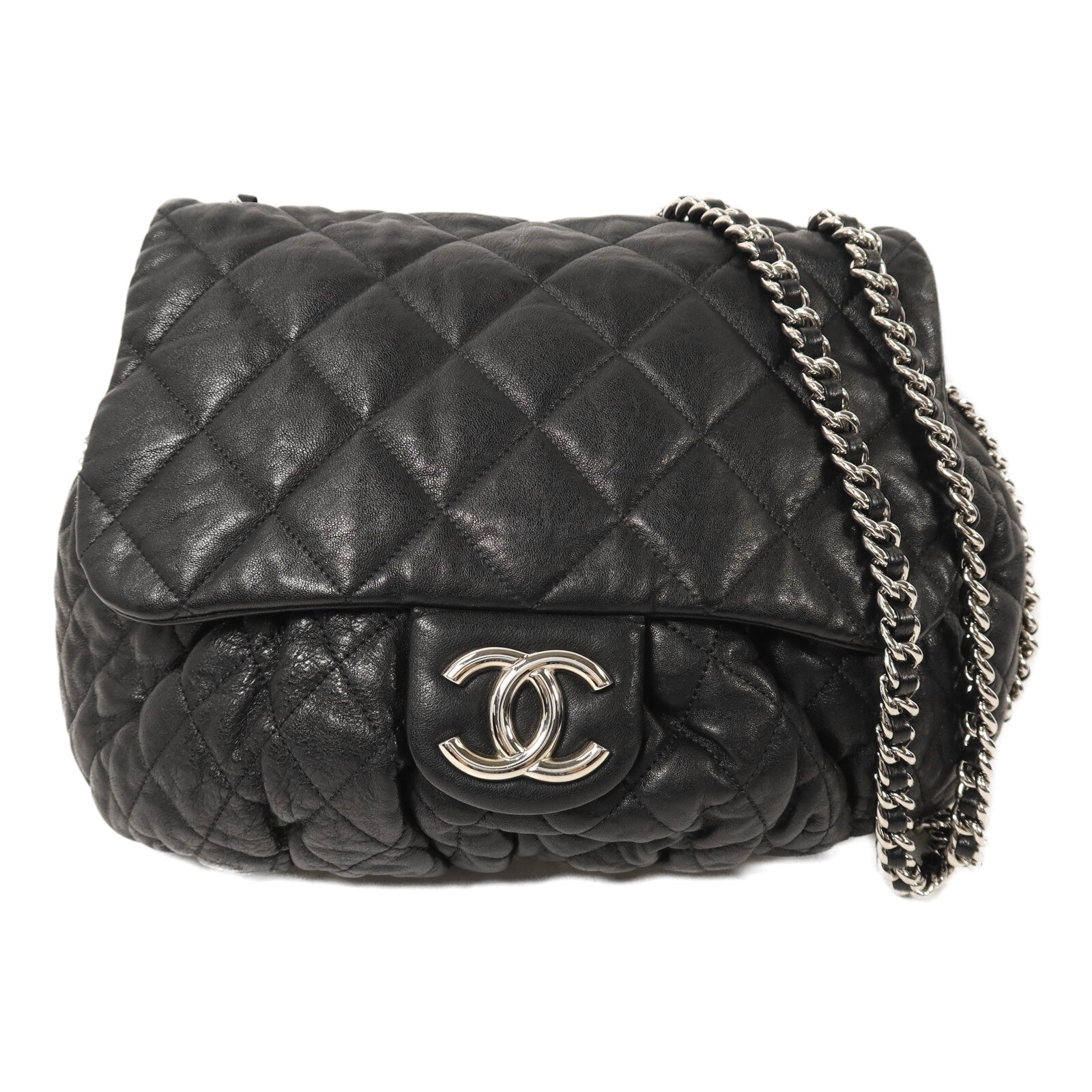 CHANEL 牛皮皮革Chain Shoulder銀扣鏈帶肩背袋
