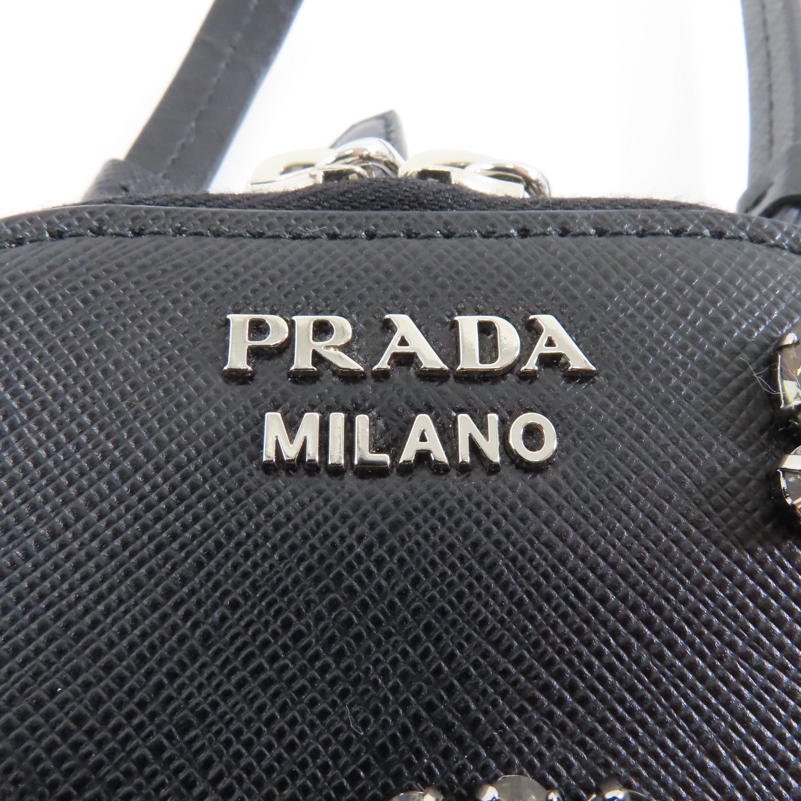 PRADA Saffiano皮革/水晶Phone Case銀扣肩背袋黑色