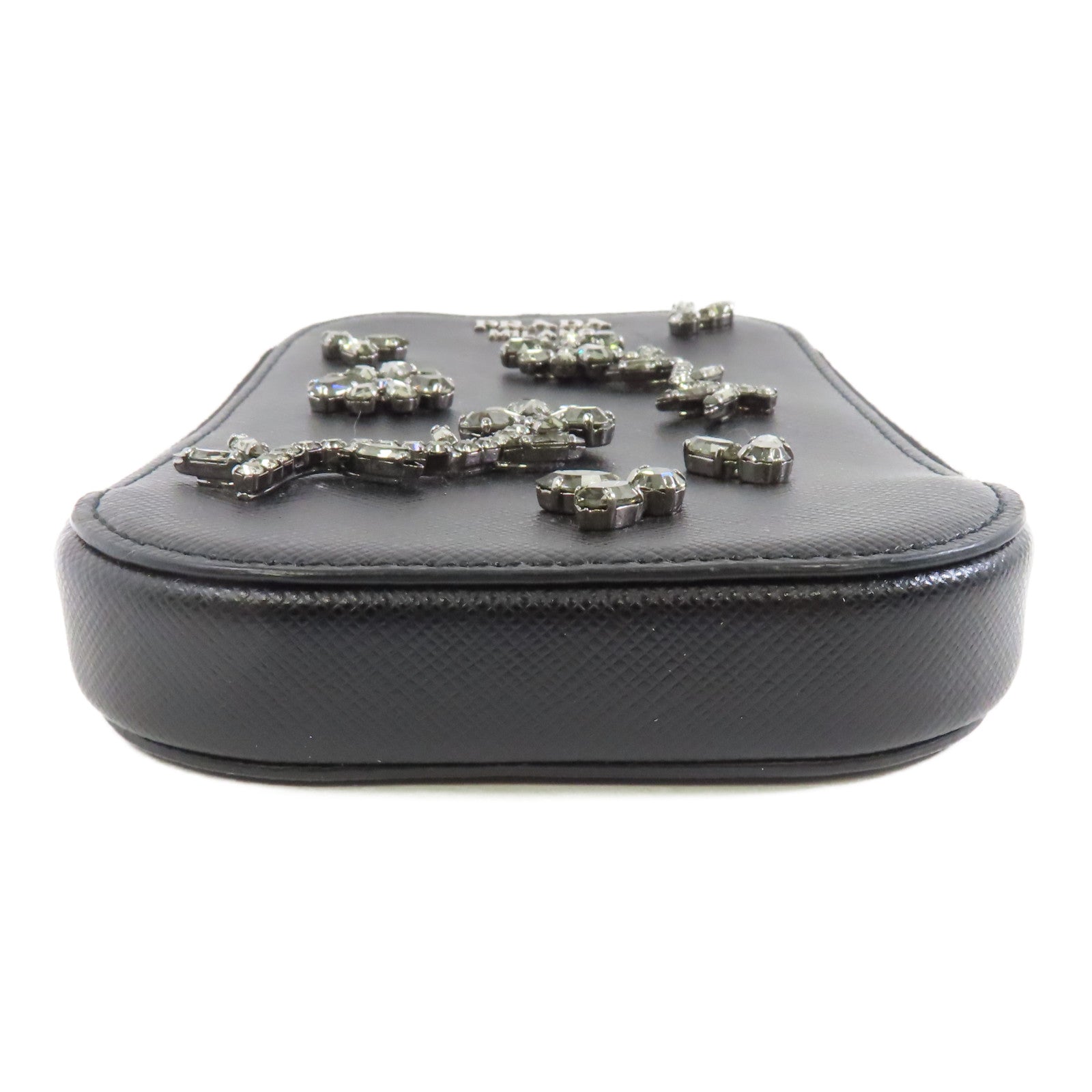 PRADA Saffiano皮革/水晶Phone Case銀扣肩背袋黑色