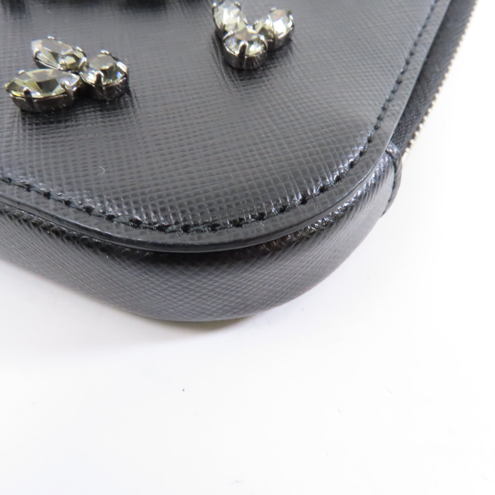 PRADA Saffiano皮革/水晶Phone Case銀扣肩背袋黑色