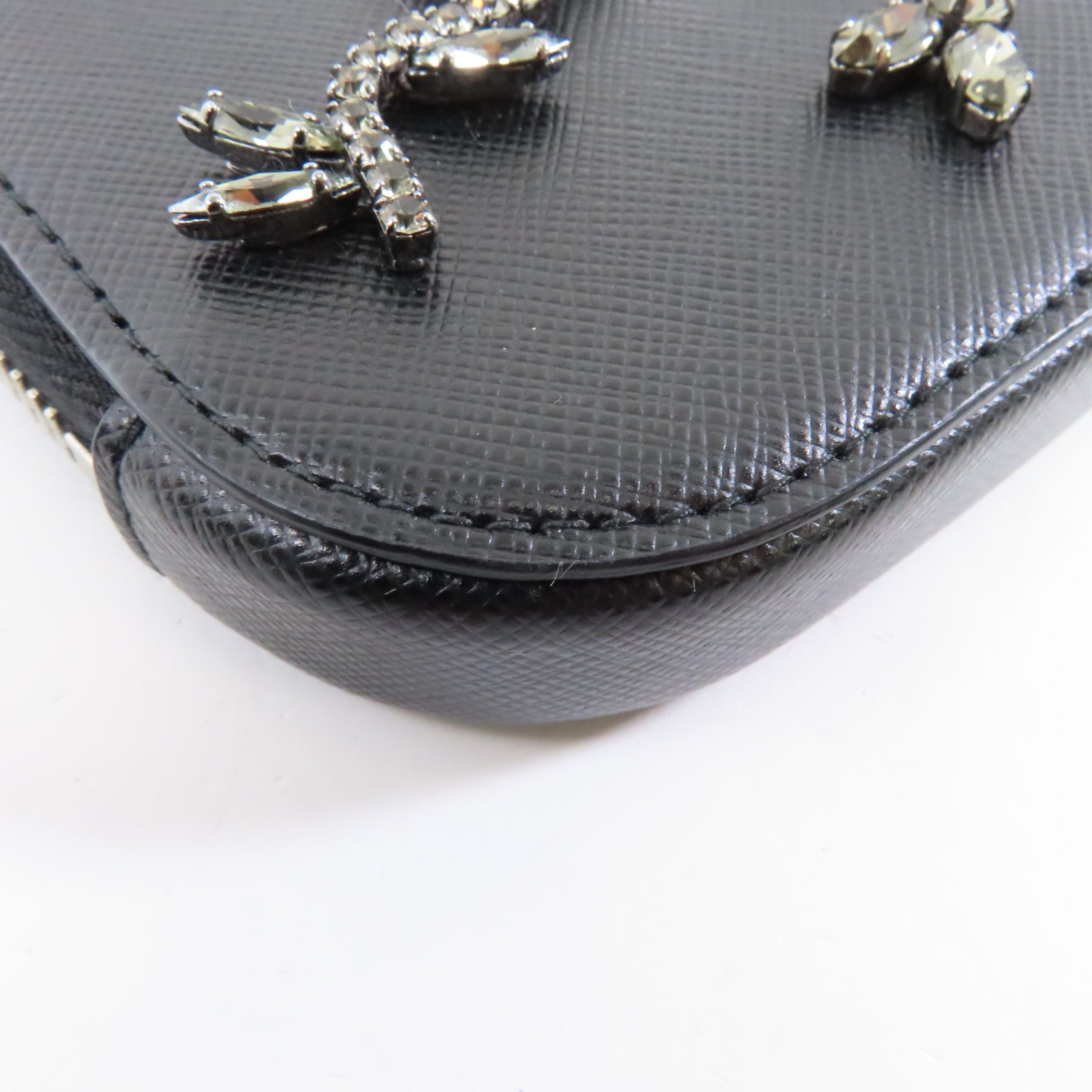 PRADA Saffiano皮革/水晶Phone Case銀扣肩背袋黑色