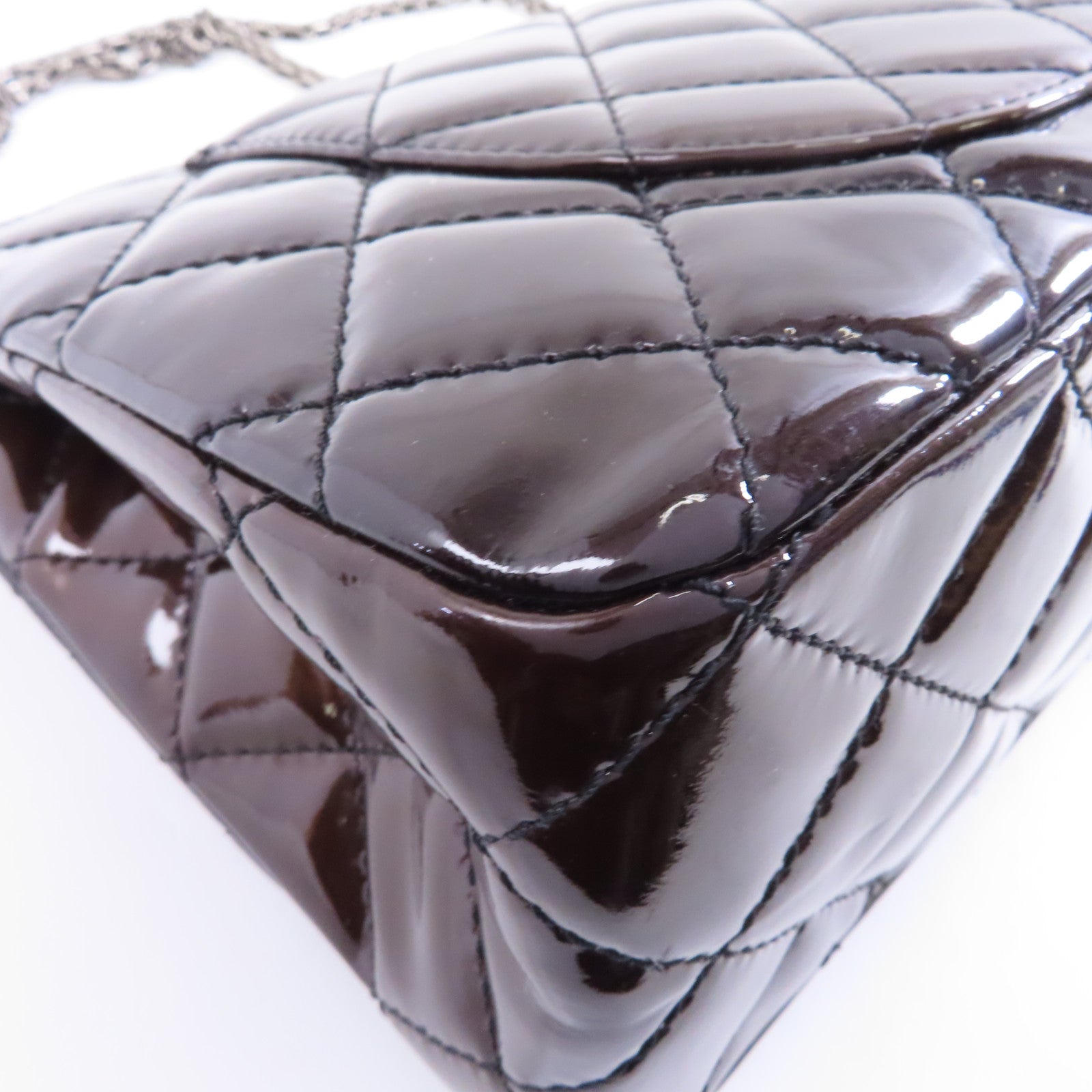 CHANEL 菱格漆皮皮革2.55 Chain Shoulder銀扣鏈帶肩背袋黑色