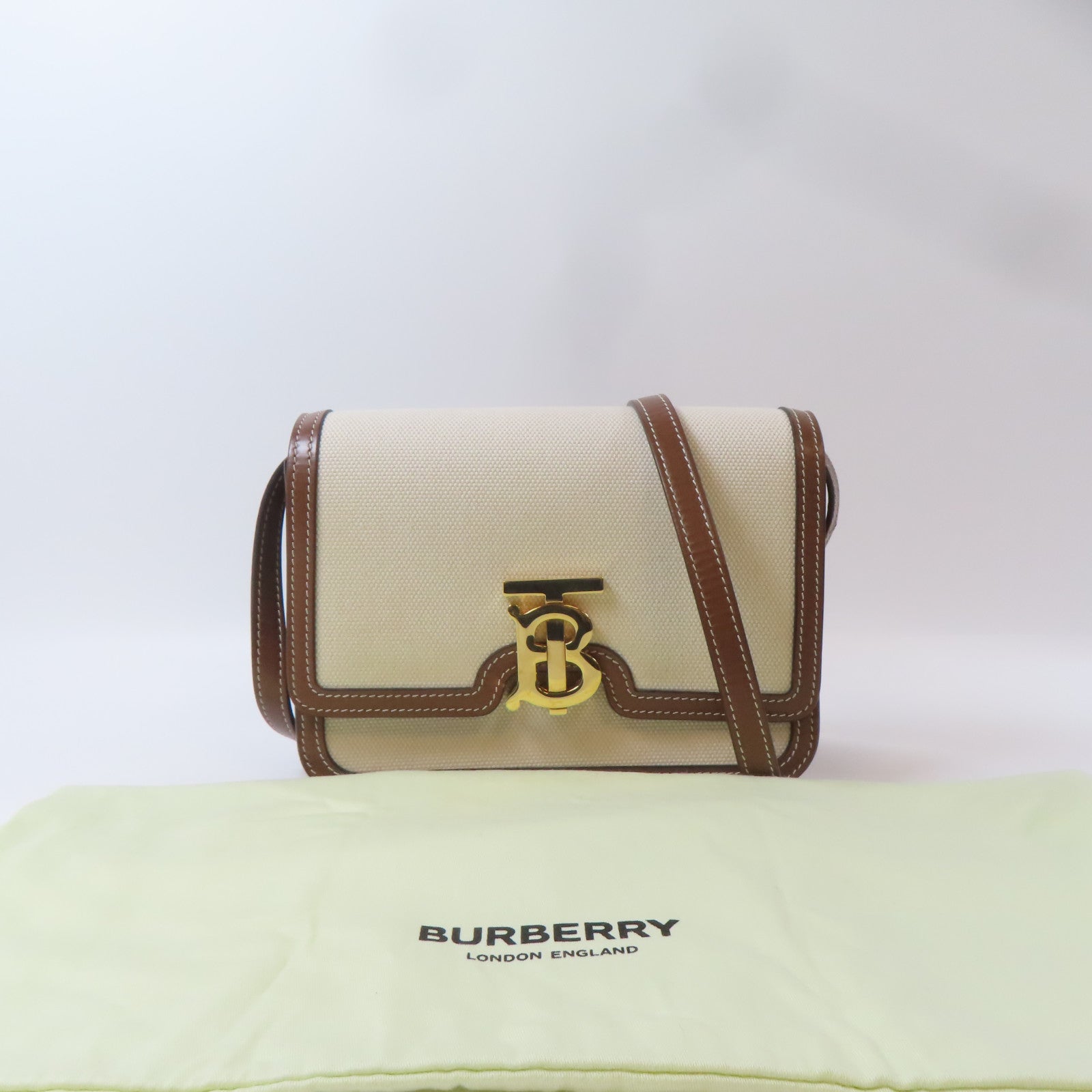 BURBERRY 帆布/牛皮皮革Shoulder Bag金扣肩背袋米色/啡色