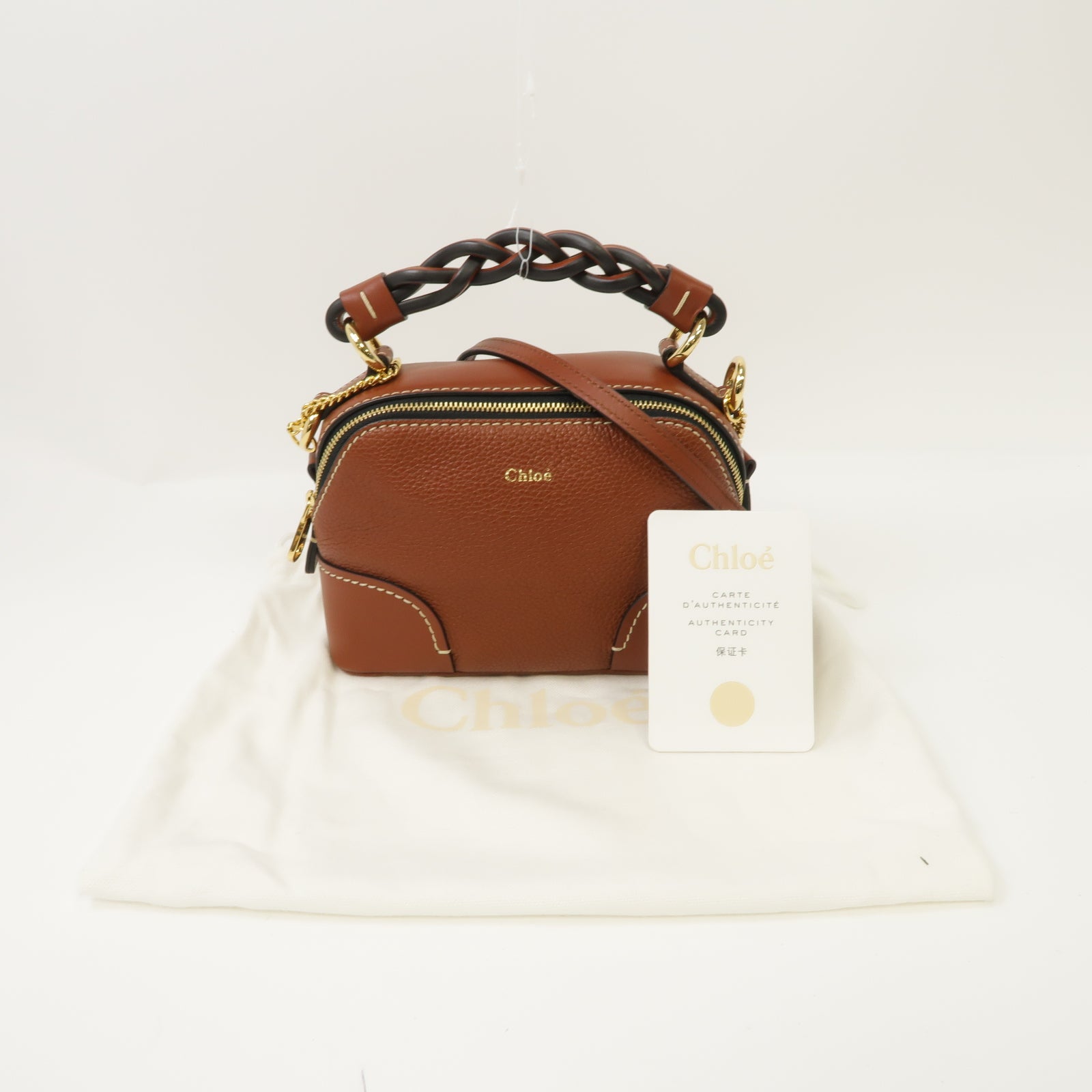 Chloe 牛皮皮革Mini Davia金扣手挽肩背兩用袋棕色