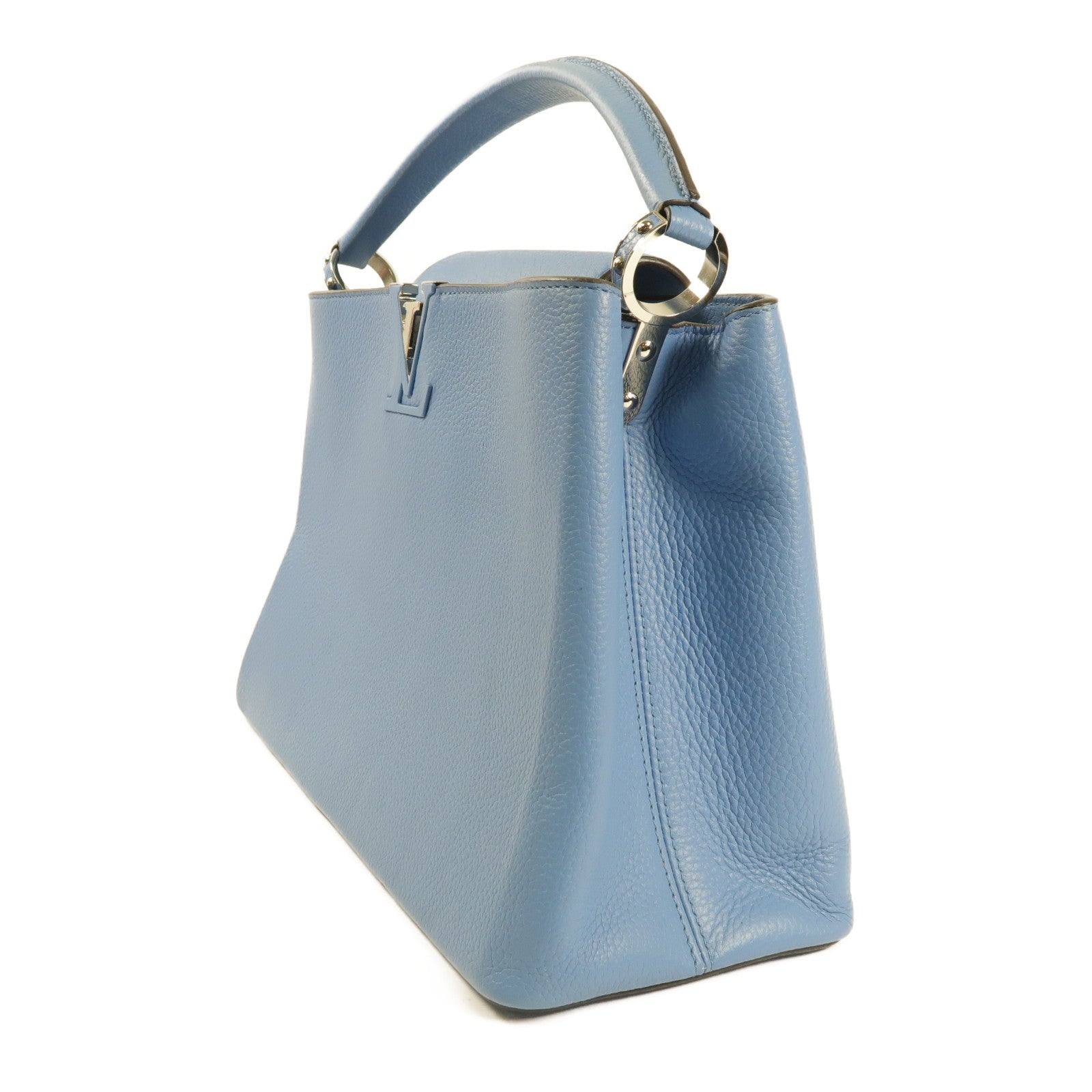 LOUIS VUITTON 牛皮皮革Capucines MM銀扣手挽袋藍色