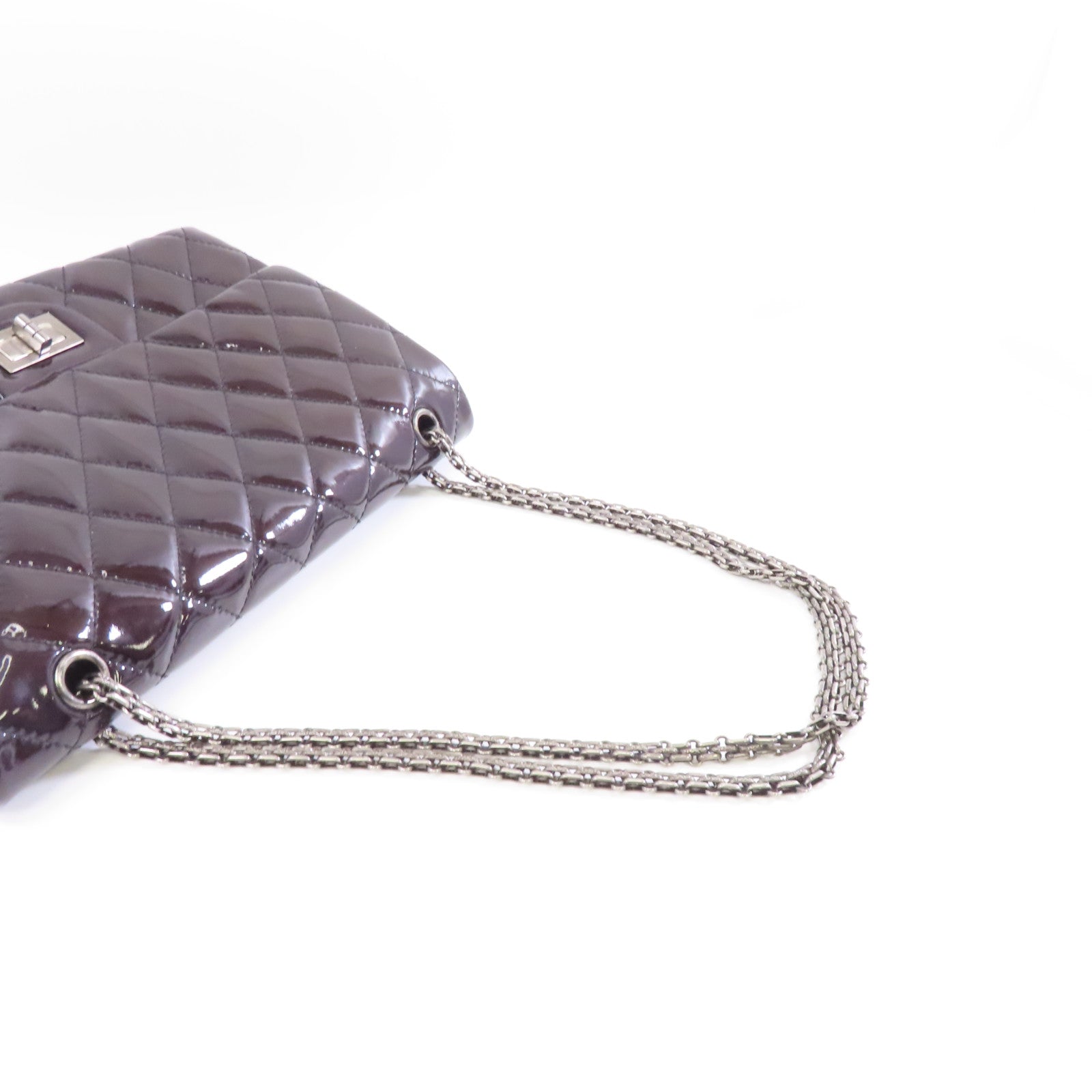 CHANEL 菱格漆皮皮革2.55 Chain Shoulder銀扣鏈帶肩背袋黑色
