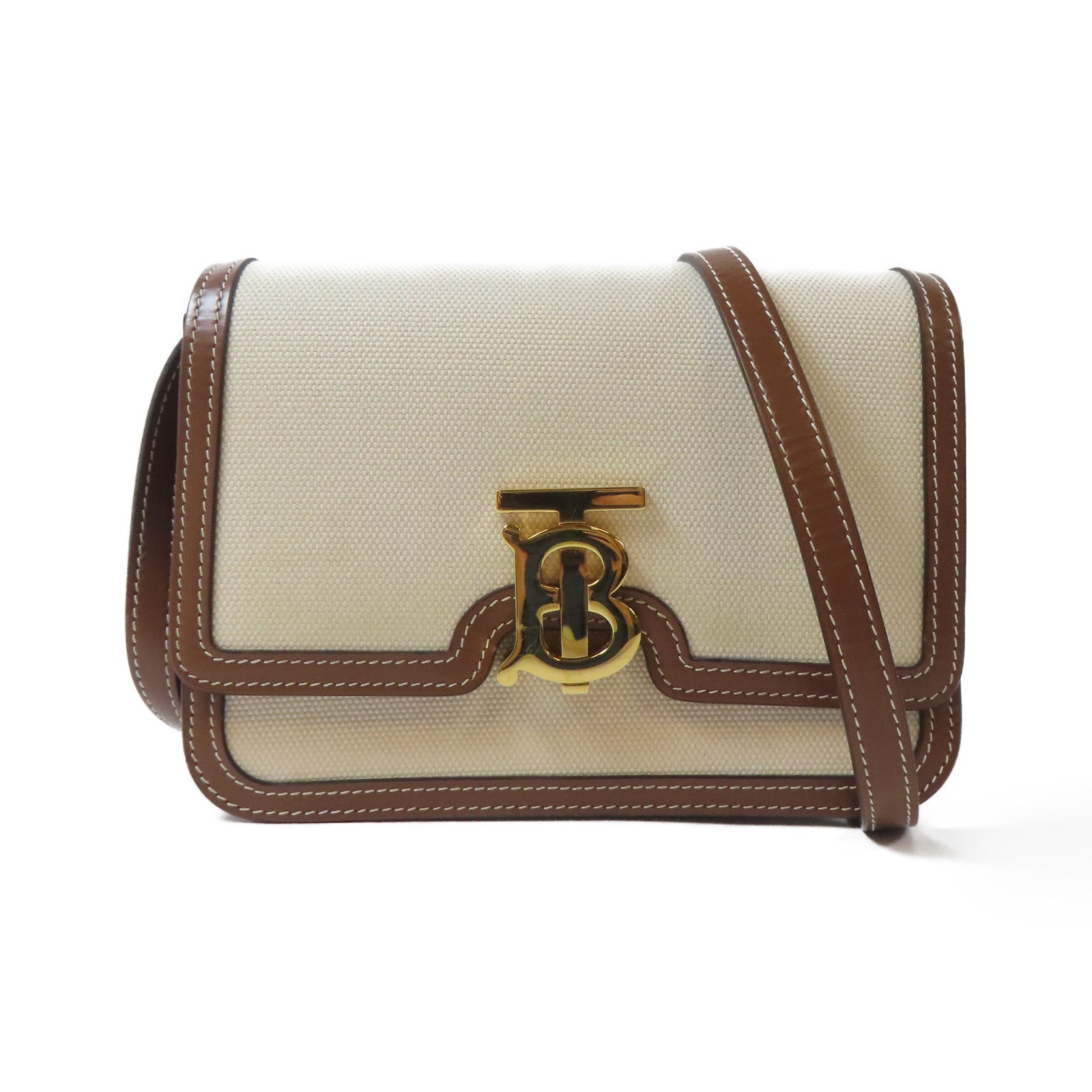 BURBERRY 帆布/牛皮皮革Shoulder Bag金扣肩背袋米色/啡色