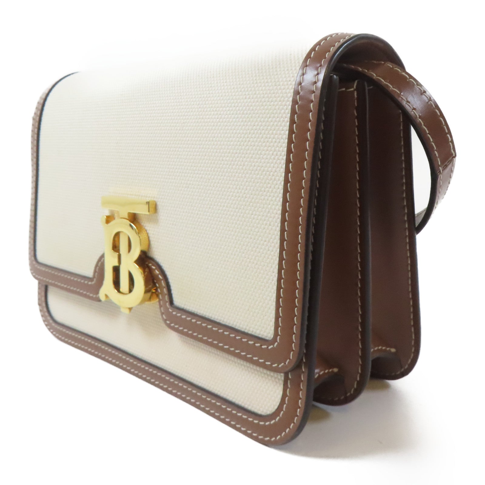 BURBERRY 帆布/牛皮皮革Shoulder Bag金扣肩背袋米色/啡色