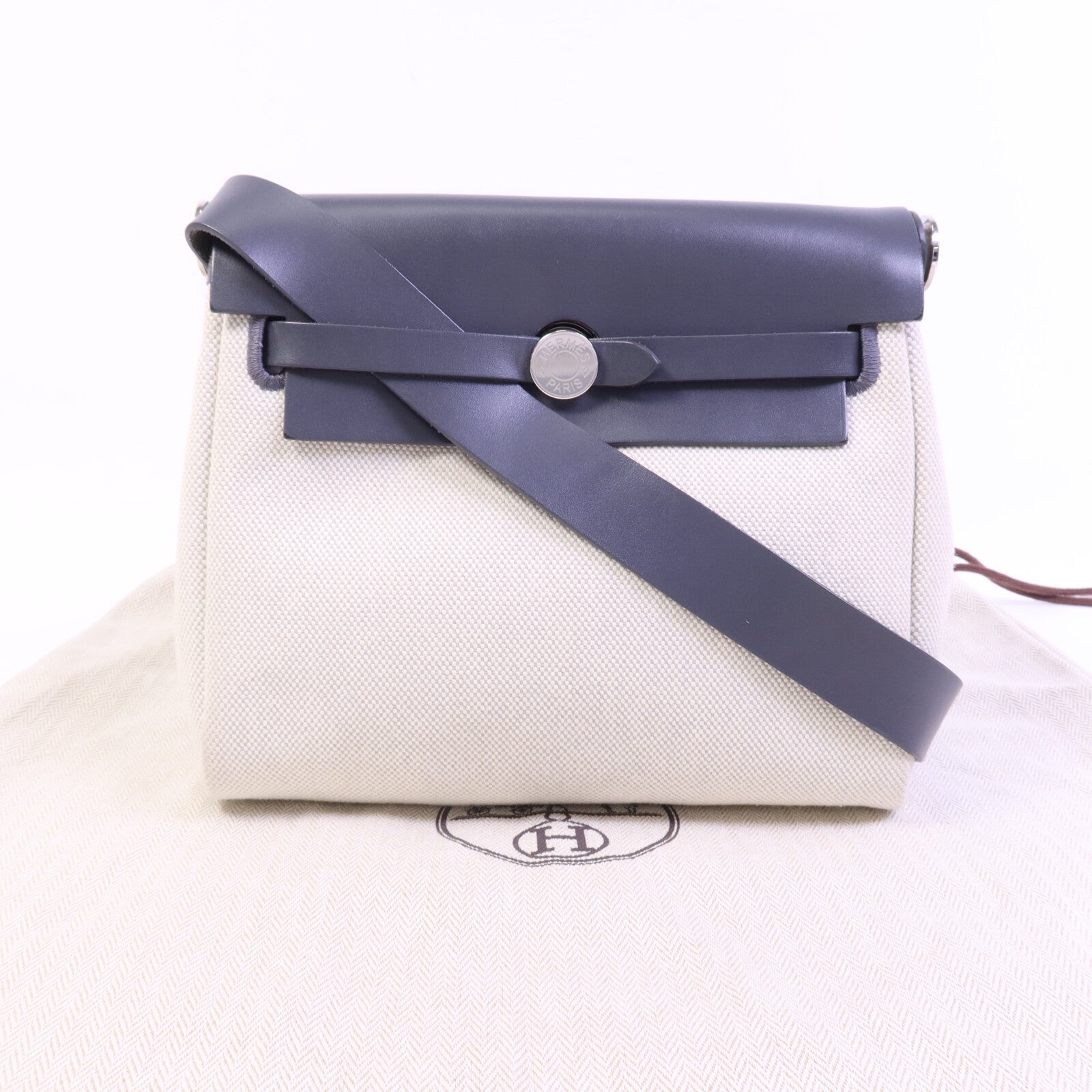 HERMES 帆布Mini Herbag銀扣肩背袋Ardoise