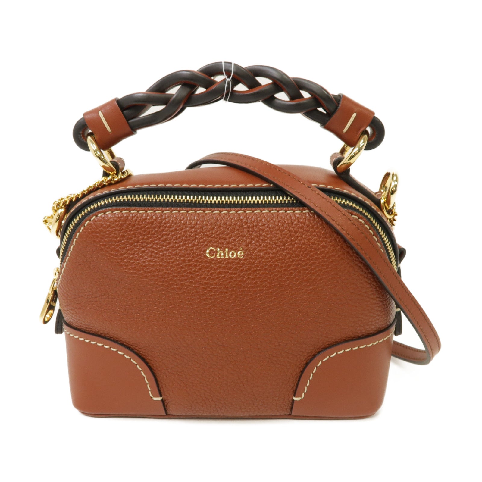 Chloe 牛皮皮革Mini Davia金扣手挽肩背兩用袋棕色