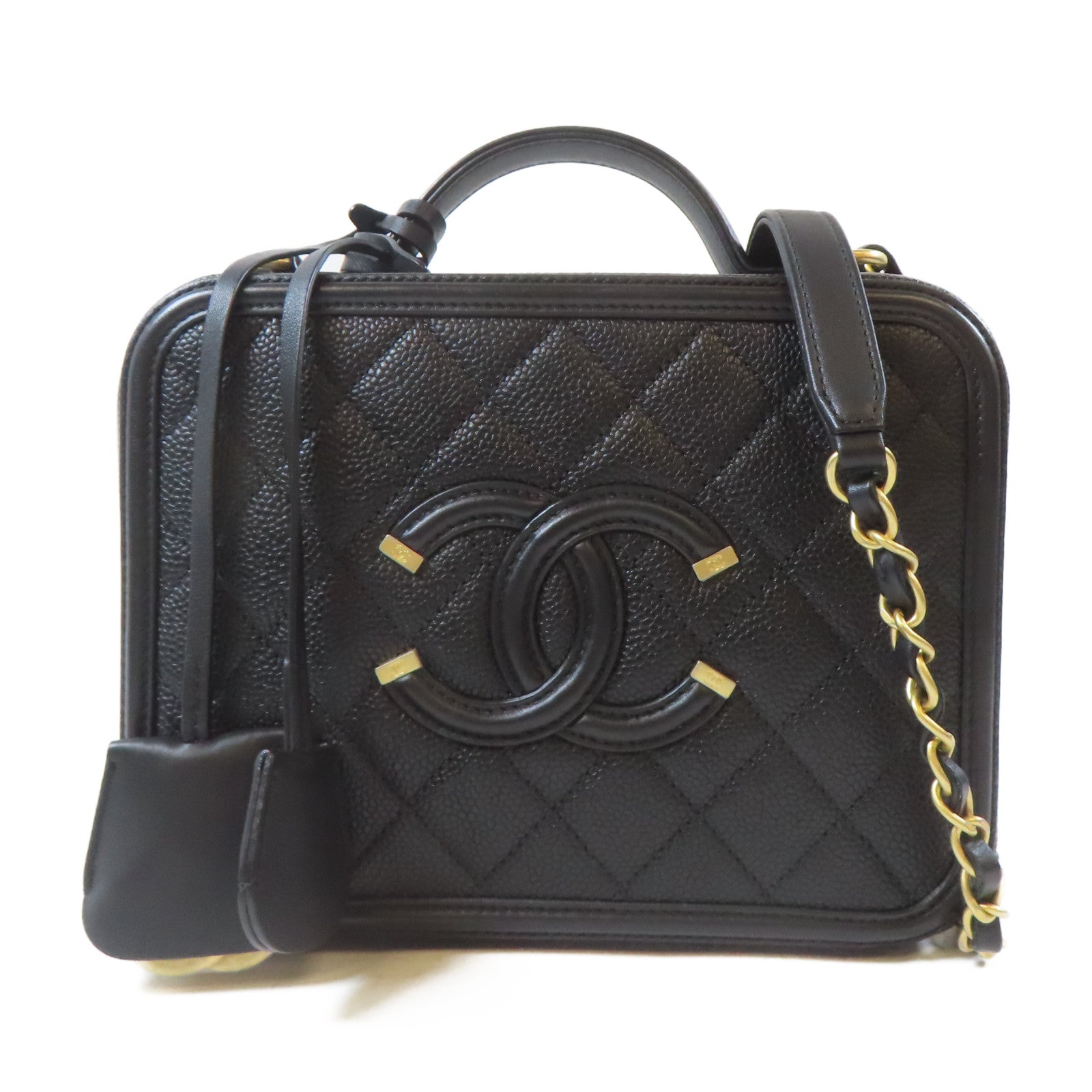 CHANEL 菱格Caviar皮革Vanity Case金扣手挽肩背兩用袋黑色