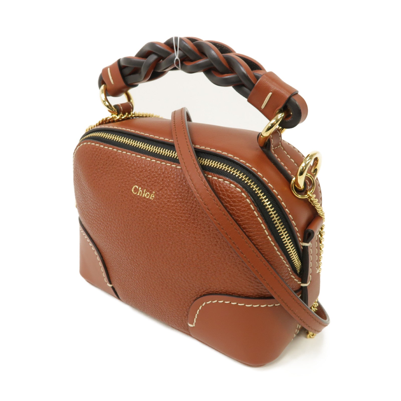 Chloe 牛皮皮革Mini Davia金扣手挽肩背兩用袋棕色