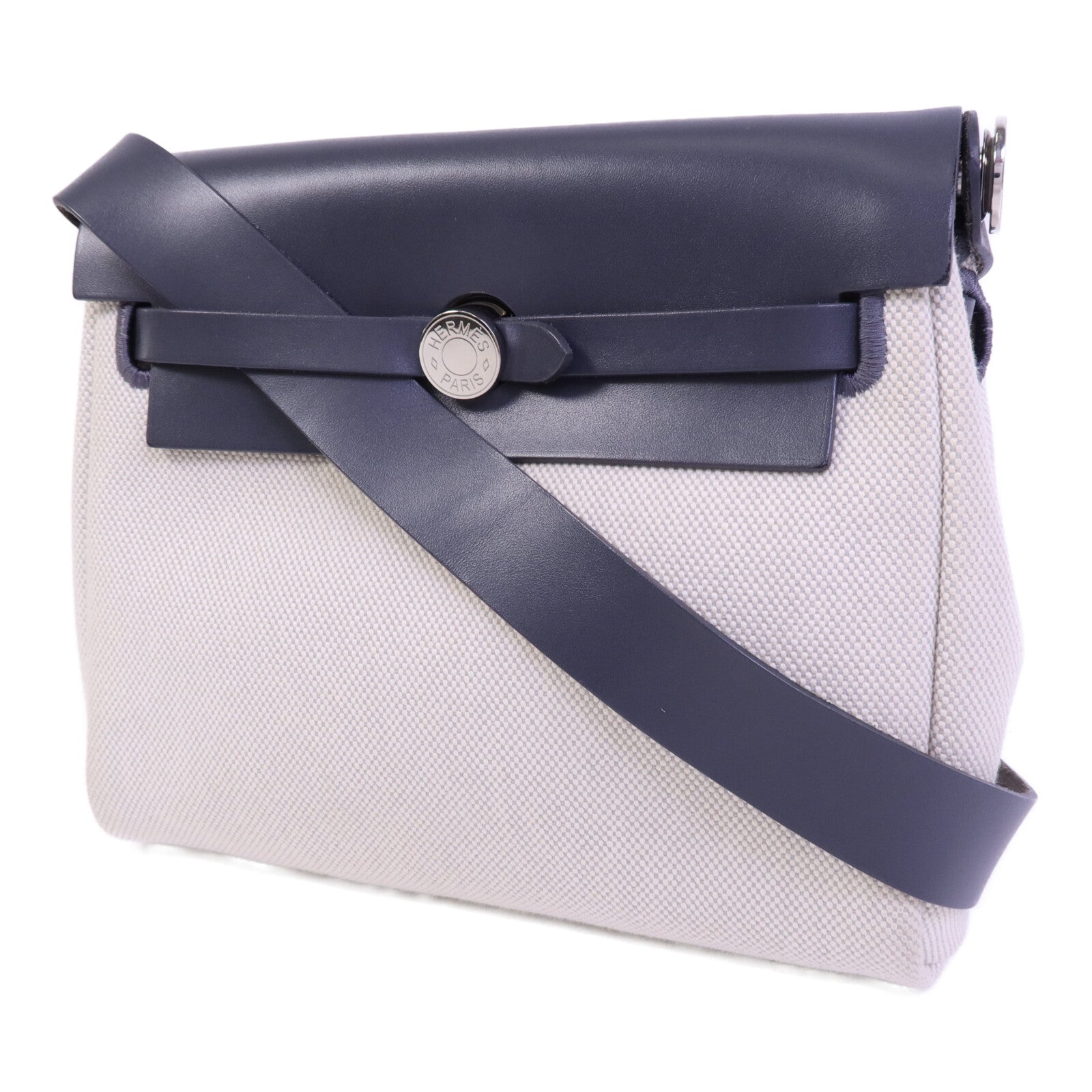 HERMES 帆布Mini Herbag銀扣肩背袋Ardoise