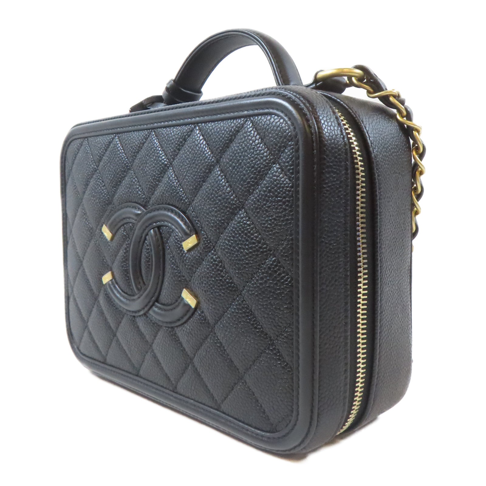 CHANEL 菱格Caviar皮革Vanity Case金扣手挽肩背兩用袋黑色