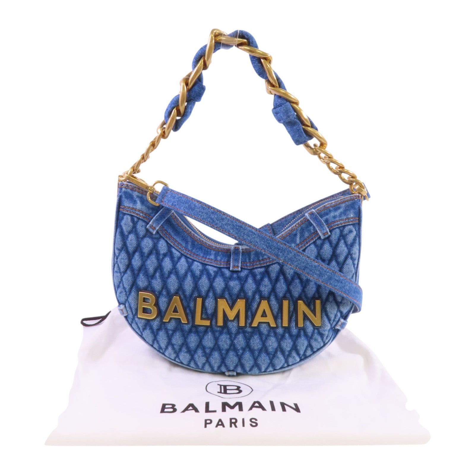 BALMAIN 牛仔布1954 Soft Moon金扣手挽肩背兩用袋