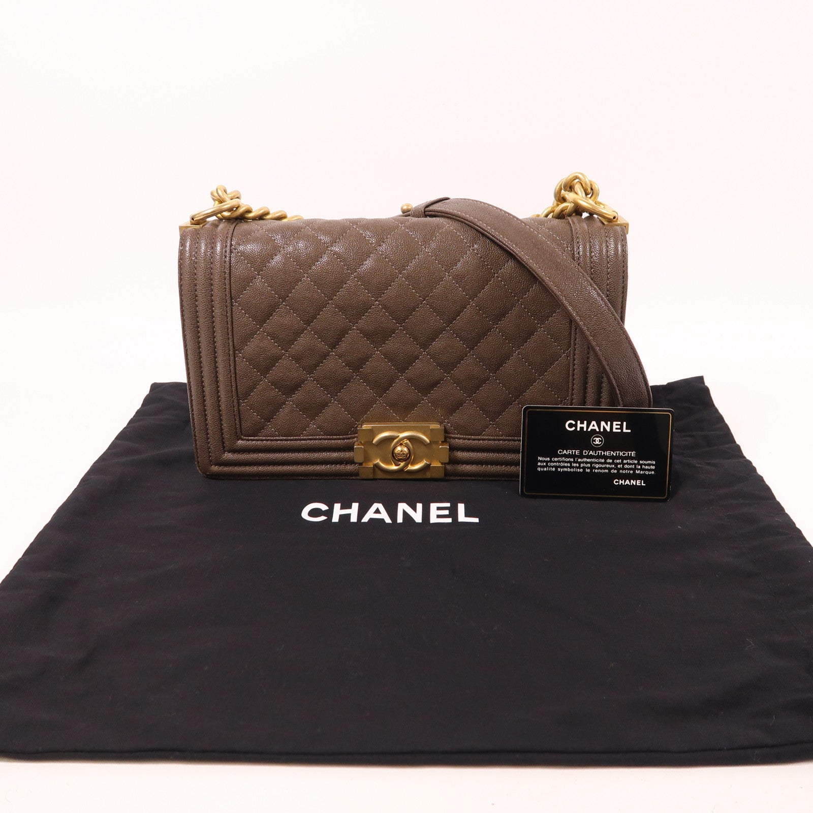 CHANEL 牛皮皮革Boy 25金扣鏈帶肩背袋