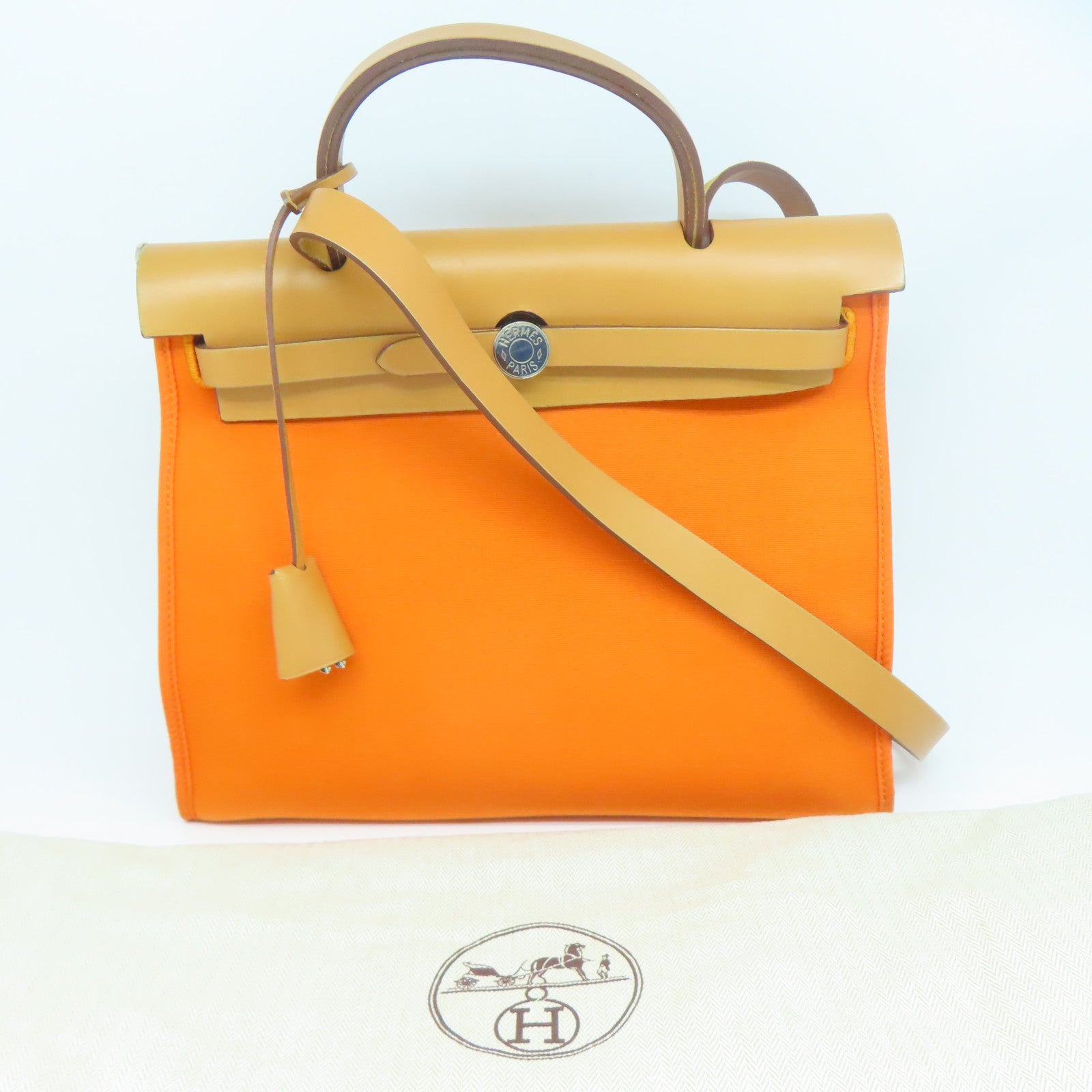 HERMES 【激減優惠】帆布Herbag PM銀扣手挽肩背兩用袋橙色