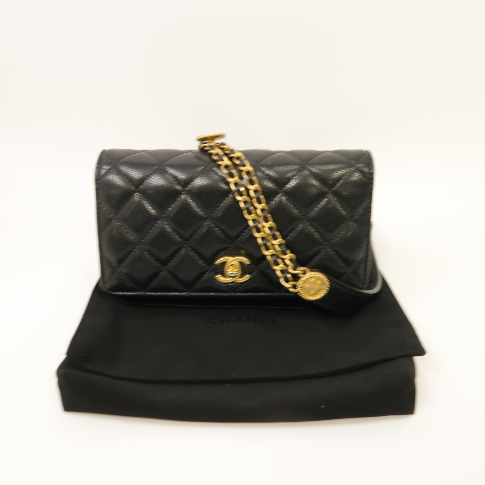 CHANEL 菱格Caviar皮革Gold Coin Wallet On Chain金扣鏈帶肩背袋黑色