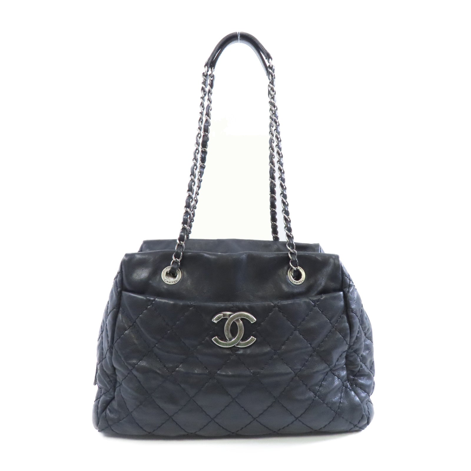 CHANEL 菱格牛皮皮革Chain Shoulder Bag銀扣鏈帶肩背袋黑色