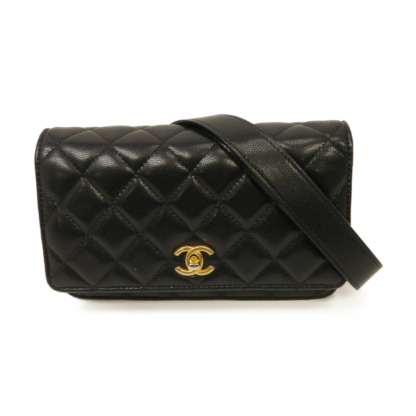 CHANEL 菱格Caviar皮革Gold Coin Wallet On Chain金扣鏈帶肩背袋黑色