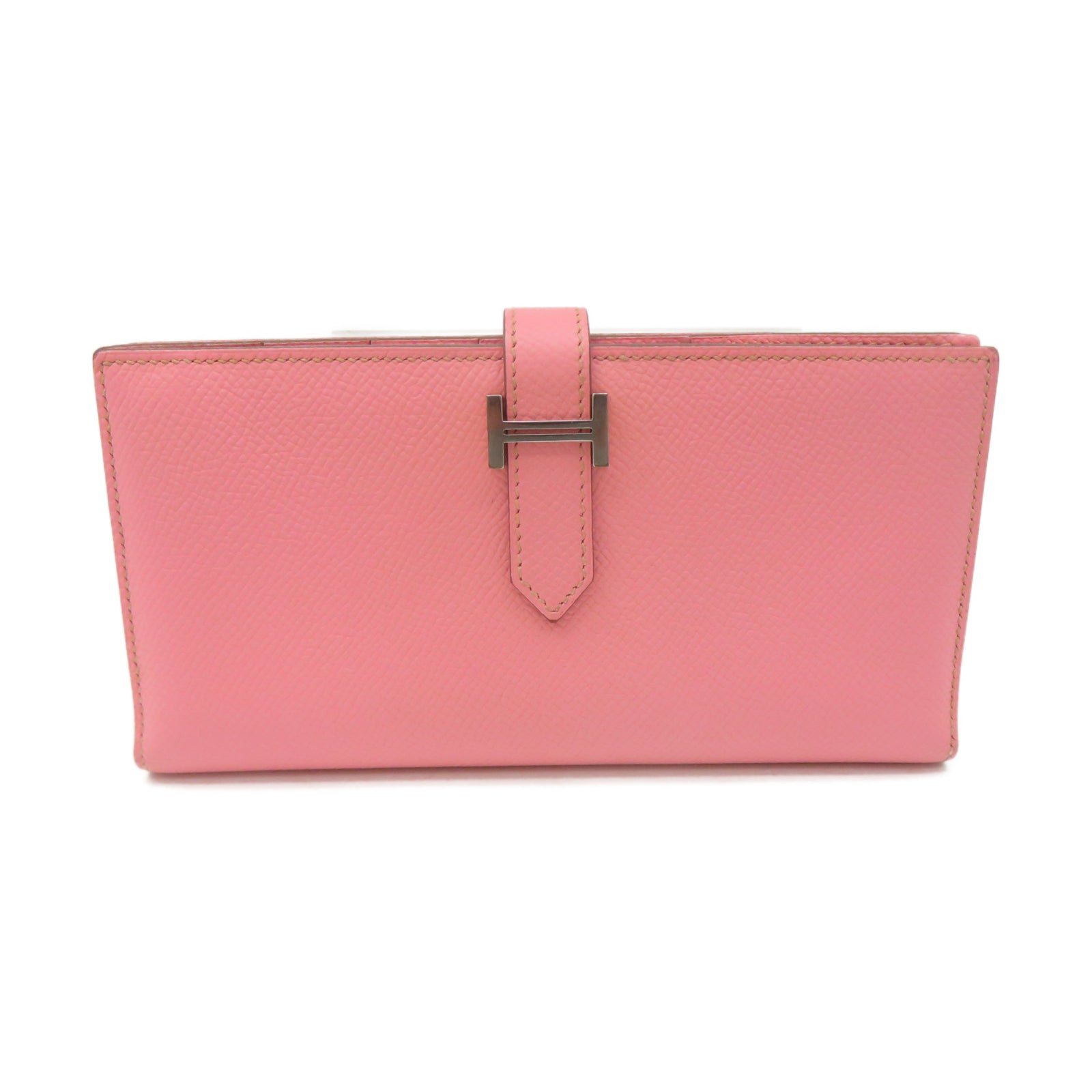HERMES Epsom Leather Bearn Bi Fold Silver Buckle Long Wallet Pink