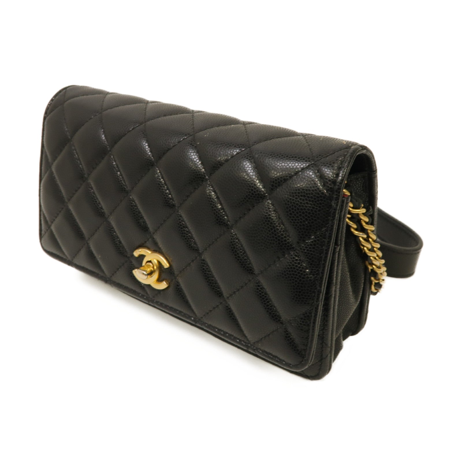 CHANEL 菱格Caviar皮革Gold Coin Wallet On Chain金扣鏈帶肩背袋黑色