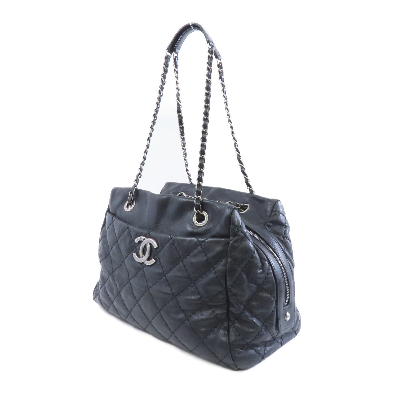 CHANEL 菱格牛皮皮革Chain Shoulder Bag銀扣鏈帶肩背袋黑色
