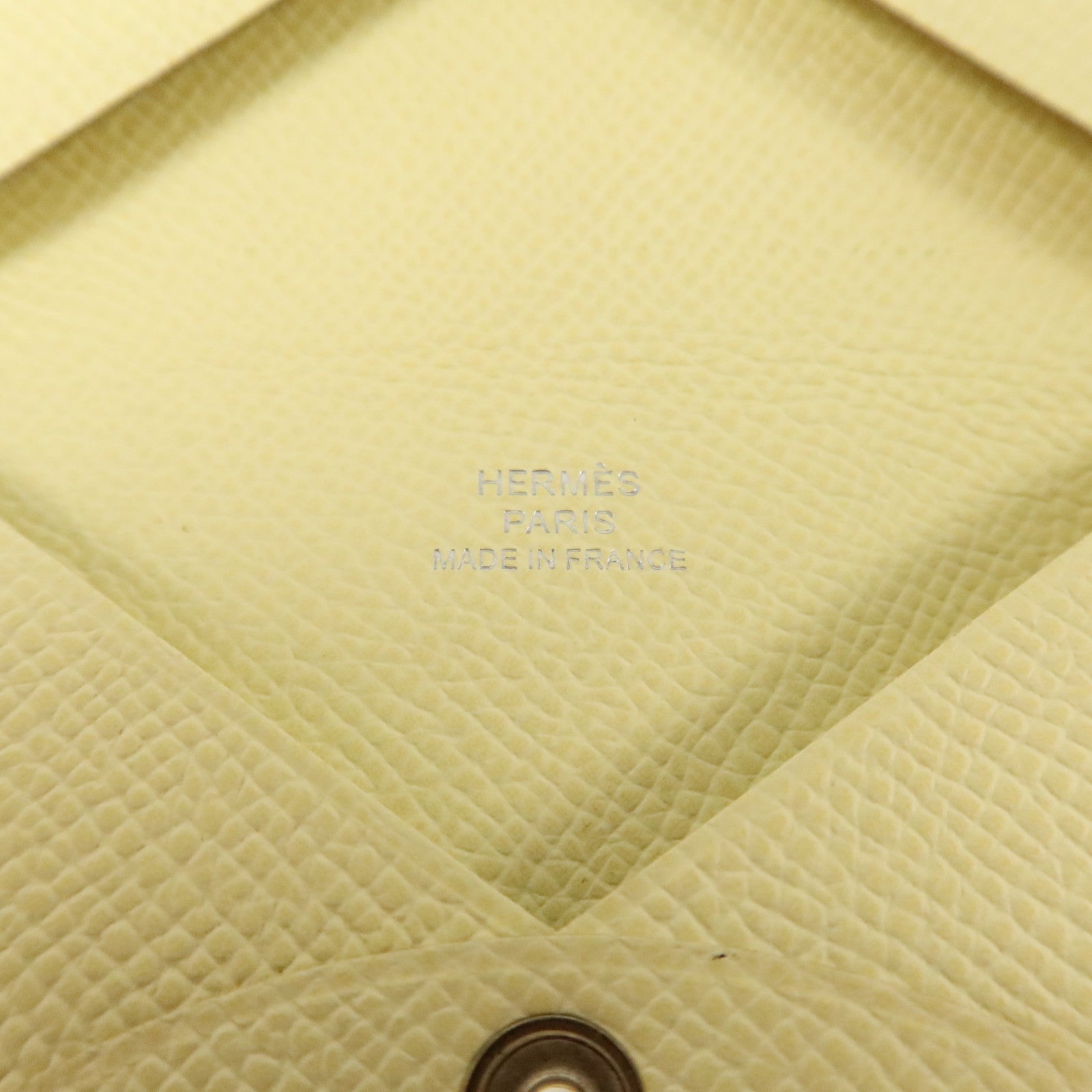 HERMES Epsom皮革Calvi銀扣卡片套Jaune Milton