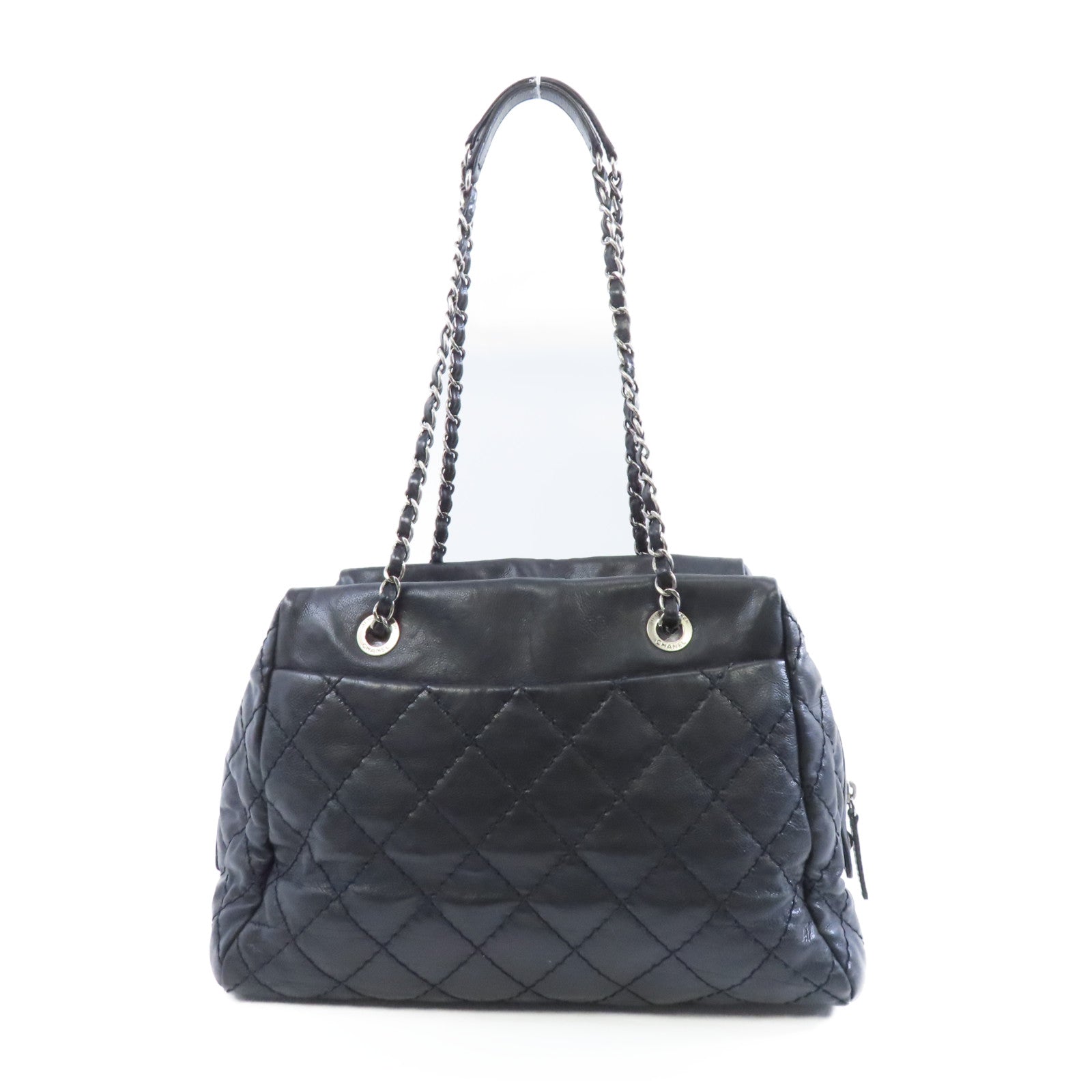 CHANEL 菱格牛皮皮革Chain Shoulder Bag銀扣鏈帶肩背袋黑色