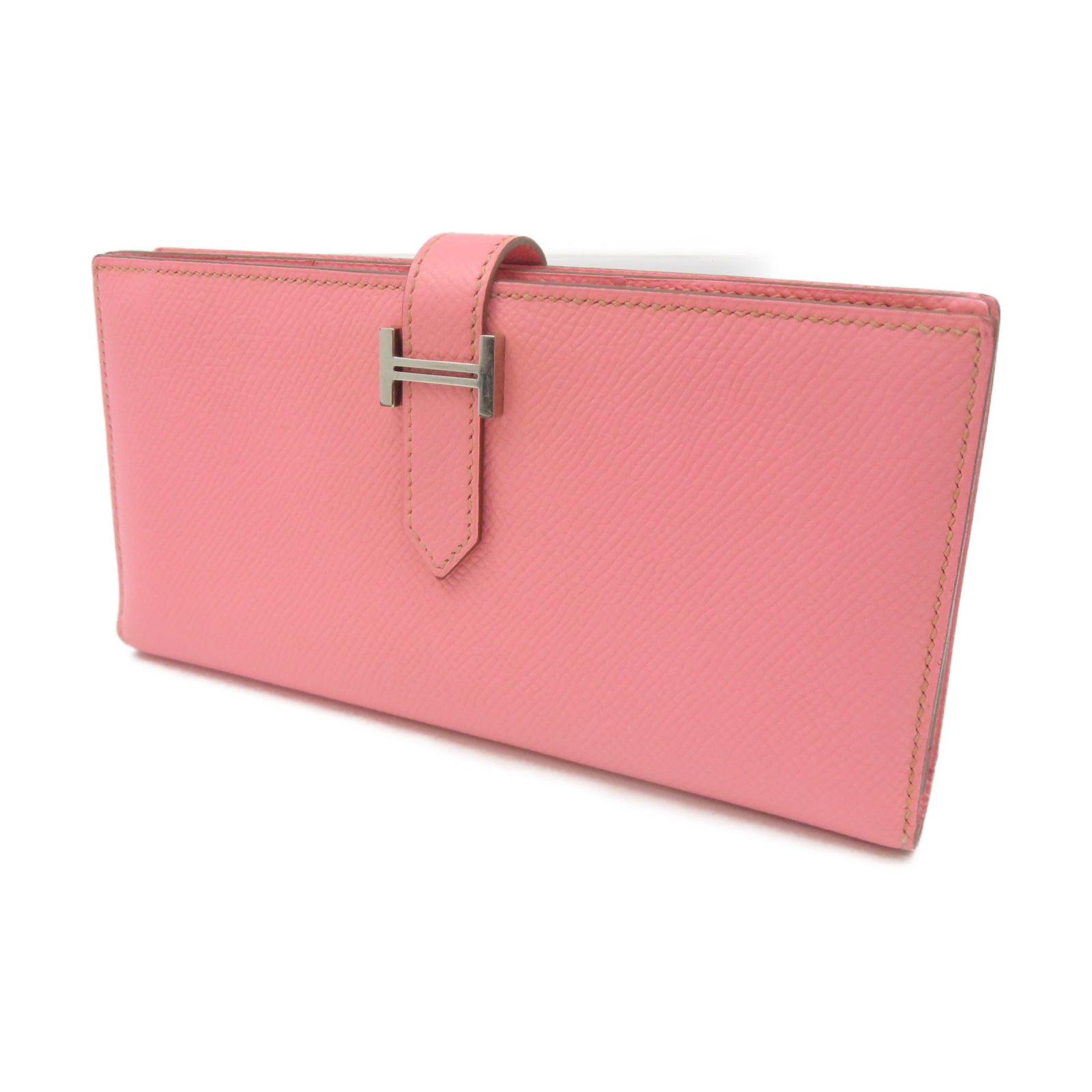 HERMES Epsom Leather Bearn Bi Fold Silver Buckle Long Wallet Pink
