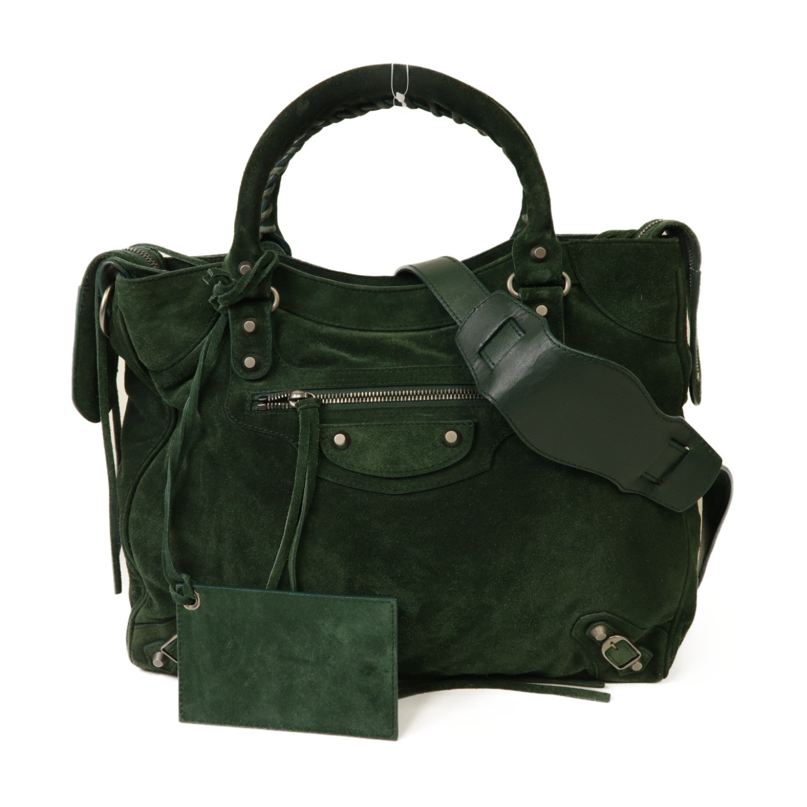 BALENCIAGA 麂皮皮革The Velo銀扣手挽肩背兩用袋綠色