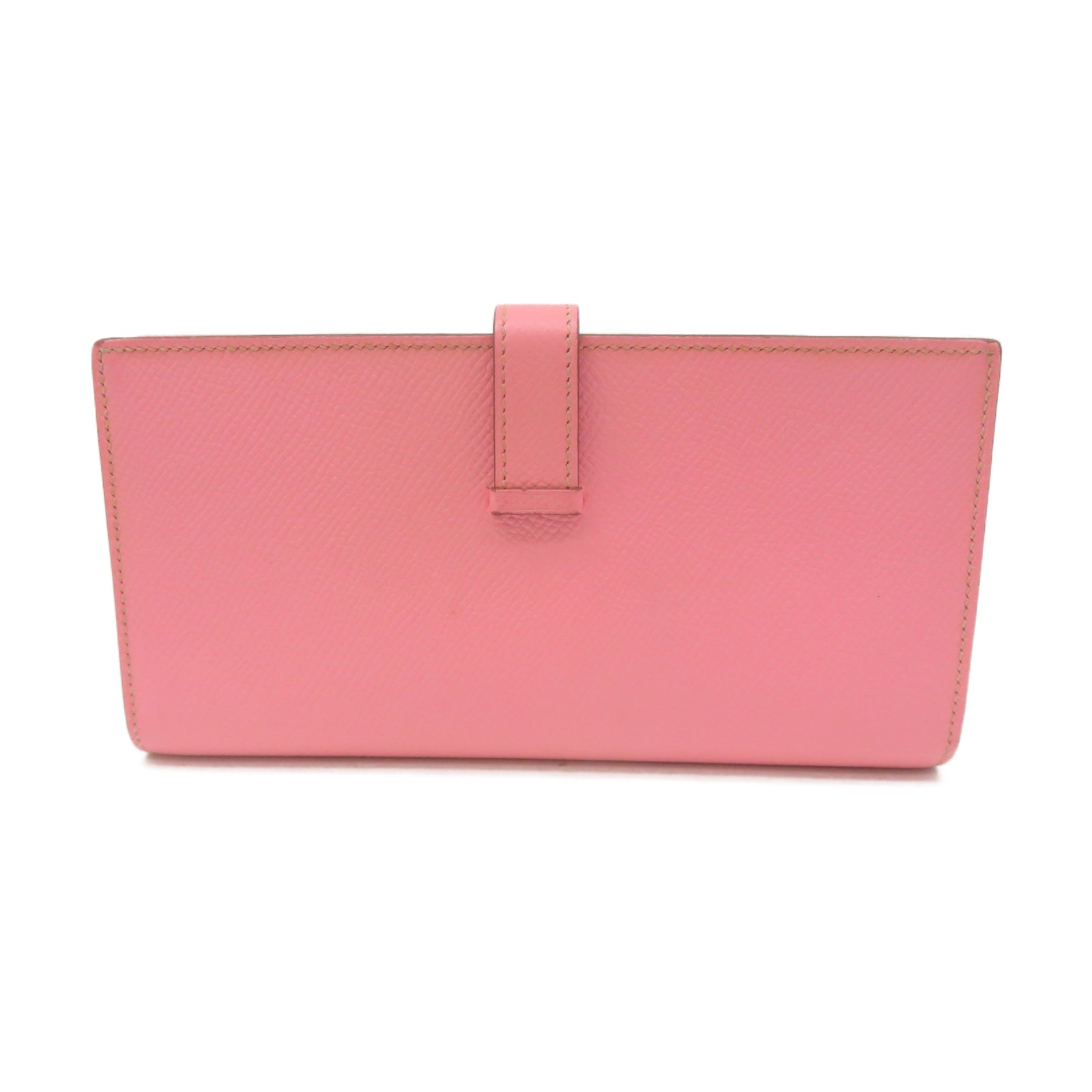 HERMES Epsom Leather Bearn Bi Fold Silver Buckle Long Wallet Pink