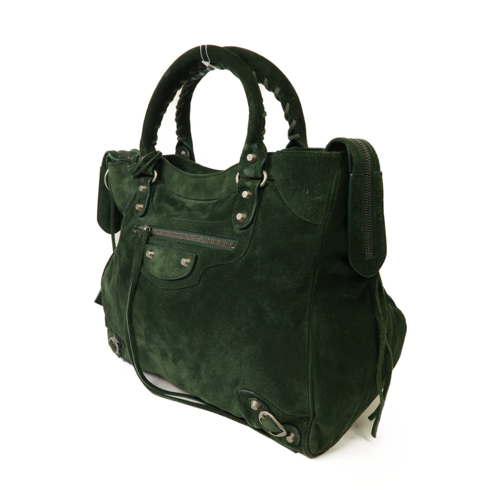 BALENCIAGA 麂皮皮革The Velo銀扣手挽肩背兩用袋綠色