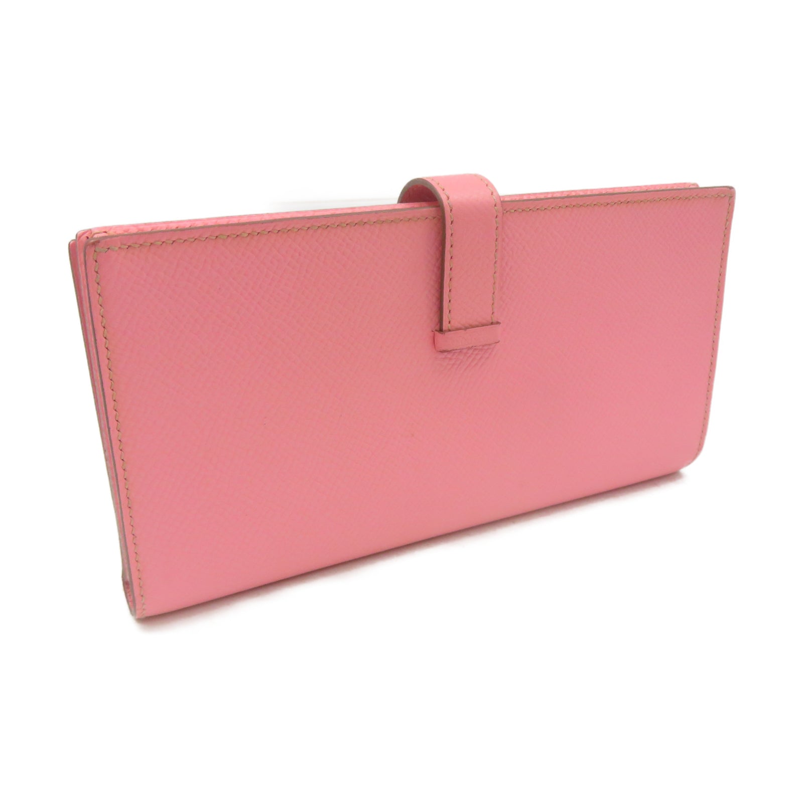 HERMES Epsom Leather Bearn Bi Fold Silver Buckle Long Wallet Pink