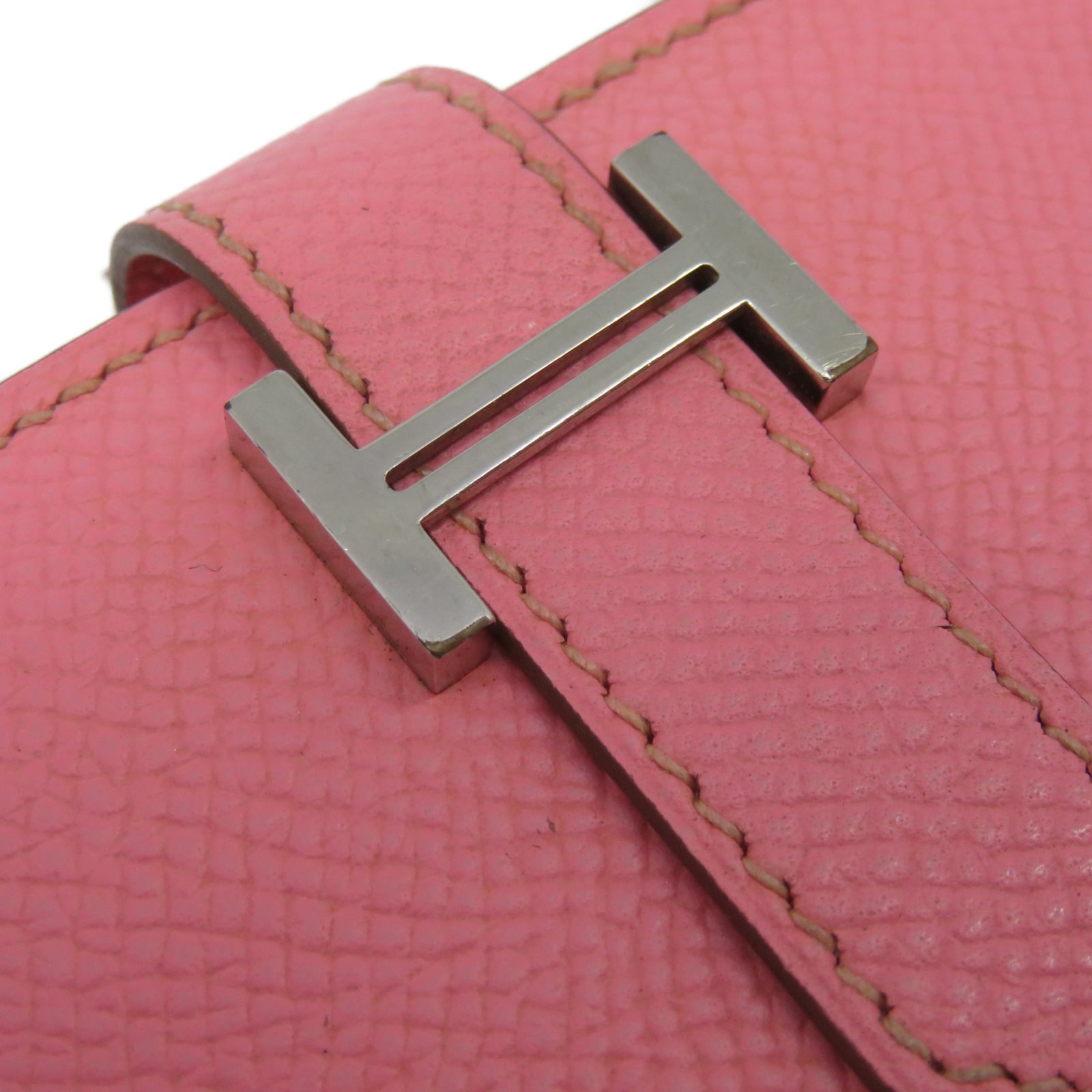 HERMES Epsom Leather Bearn Bi Fold Silver Buckle Long Wallet Pink