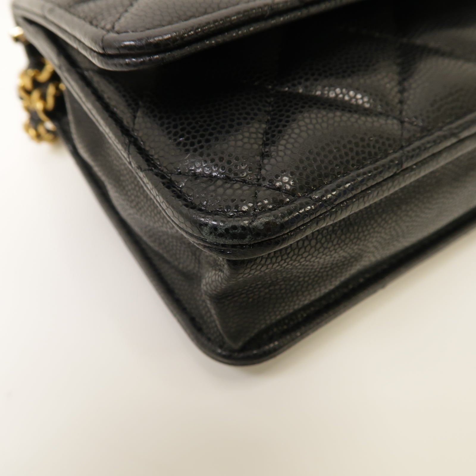 CHANEL 菱格Caviar皮革Gold Coin Wallet On Chain金扣鏈帶肩背袋黑色