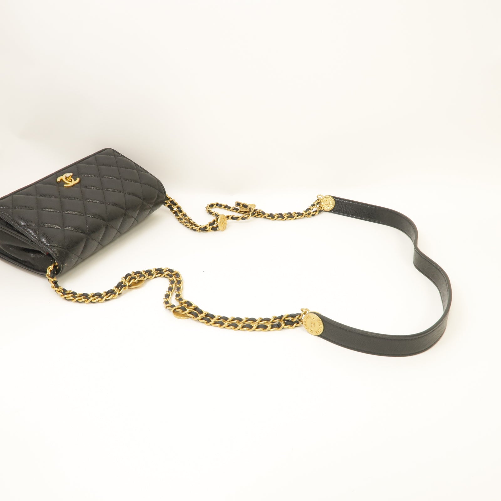 CHANEL 菱格Caviar皮革Gold Coin Wallet On Chain金扣鏈帶肩背袋黑色