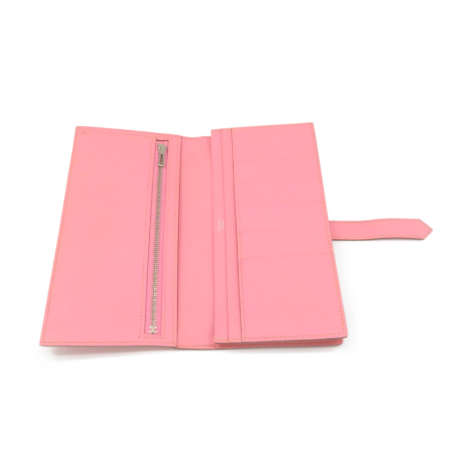 HERMES Epsom Leather Bearn Bi Fold Silver Buckle Long Wallet Pink