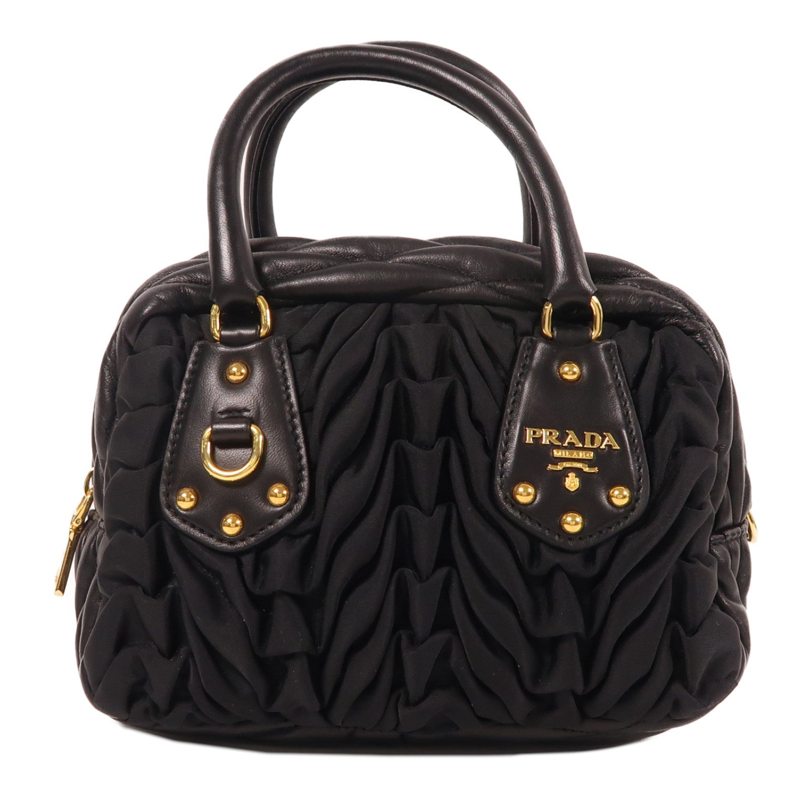 PRADA 尼龍/羊皮皮革Hand Bag金扣手挽袋黑色