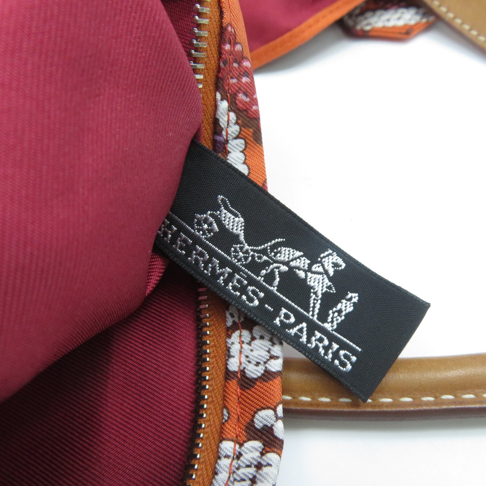 HERMES 絲質/皮革Silk In City銀扣肩背袋橙色/啡色