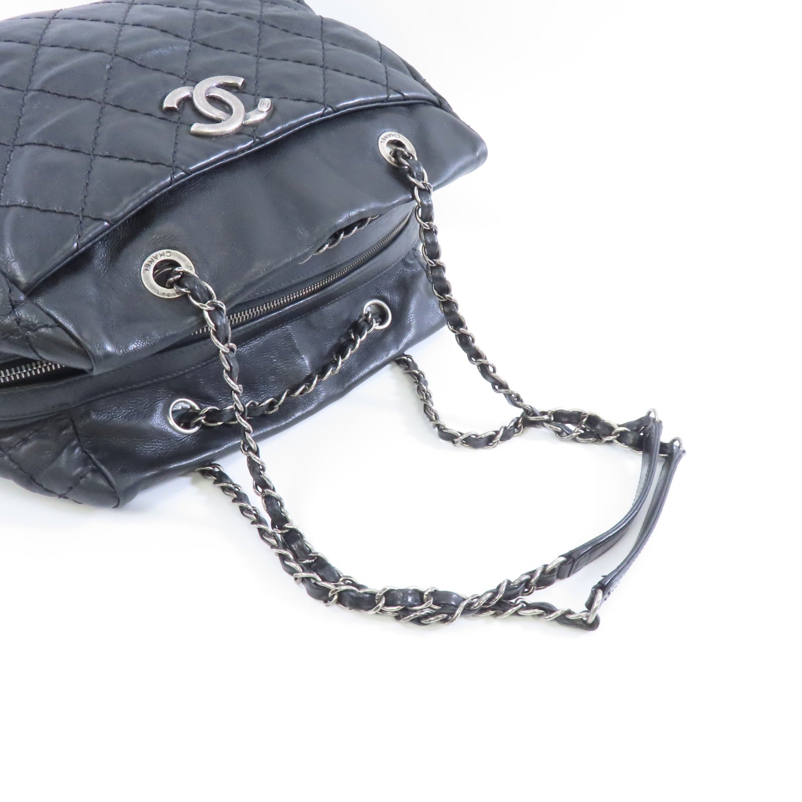 CHANEL 菱格牛皮皮革Chain Shoulder Bag銀扣鏈帶肩背袋黑色